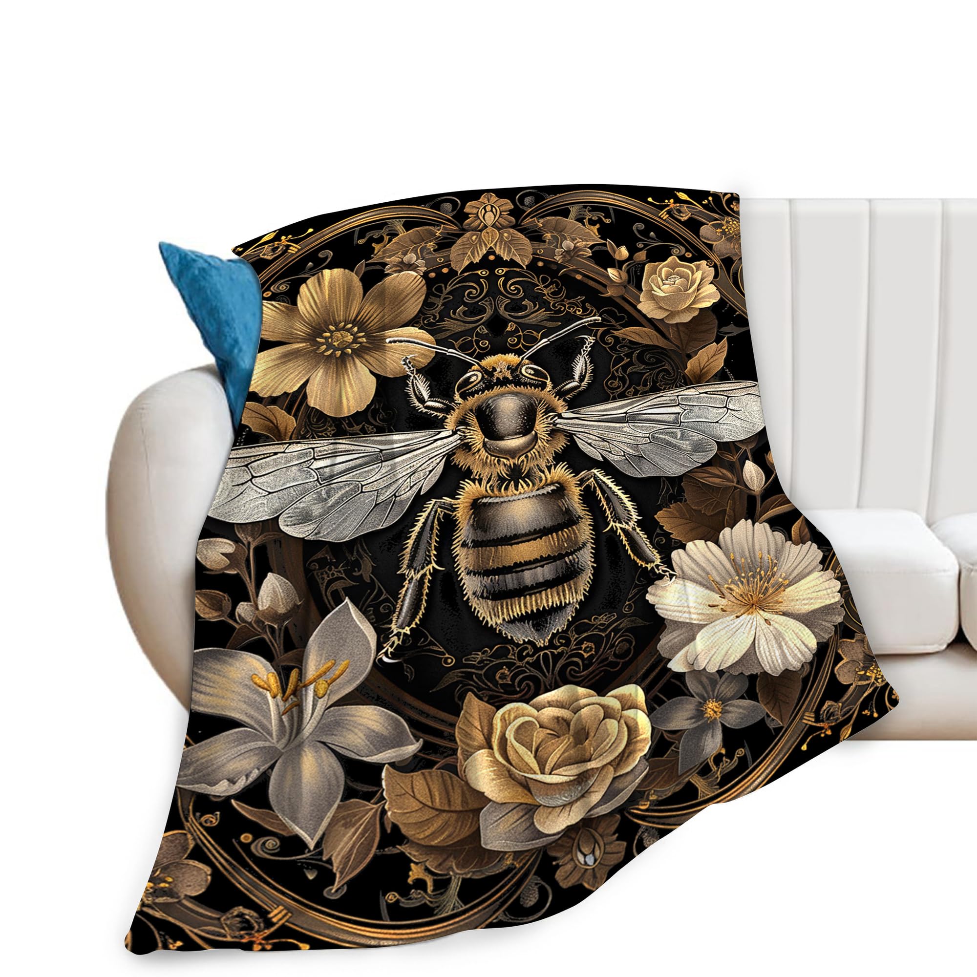 Bee Floral Throw Blanket - Soft Warm Cozy Fleece for Girls Boys Women Men - Gifts and Decor for Couch Sofa Bed 50"x40"