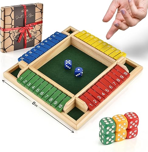 Wooden Shut The Box - Juego de dados para interiores - Ideal para 2 a 4 jugadores - Gran juego familiar - Diseño colorido - Fieltro cómodo - Juego