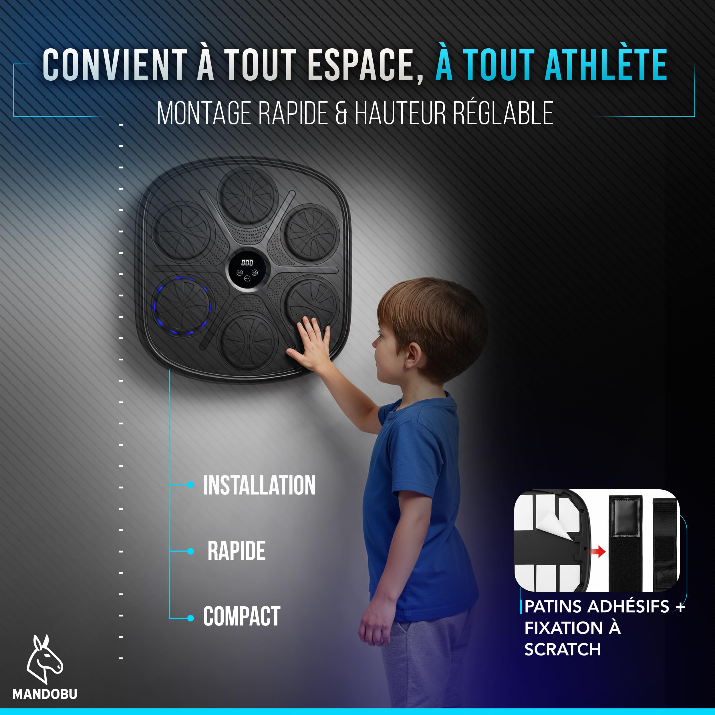 Machine de Boxe Musicale Bluetooth Adulte – Entraînement Réflexe et Cardio – Tutoriel MMA Inclus – 9 Modes & 9 Vitesses – Gants Inclus – Mandobu