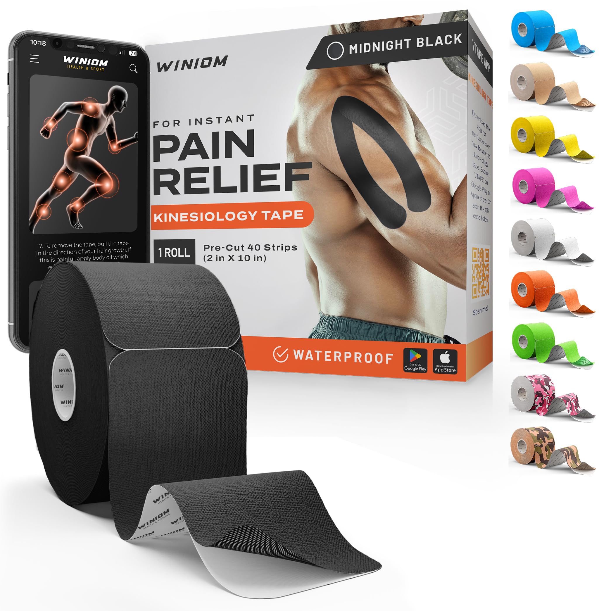 Kinesiology Tape-Incredible Support for Athletic Sports and Recovery + Free Taping Guide - Pre-Cut 2 inch 32 feet (Midnight Black + Free Taping Guide,