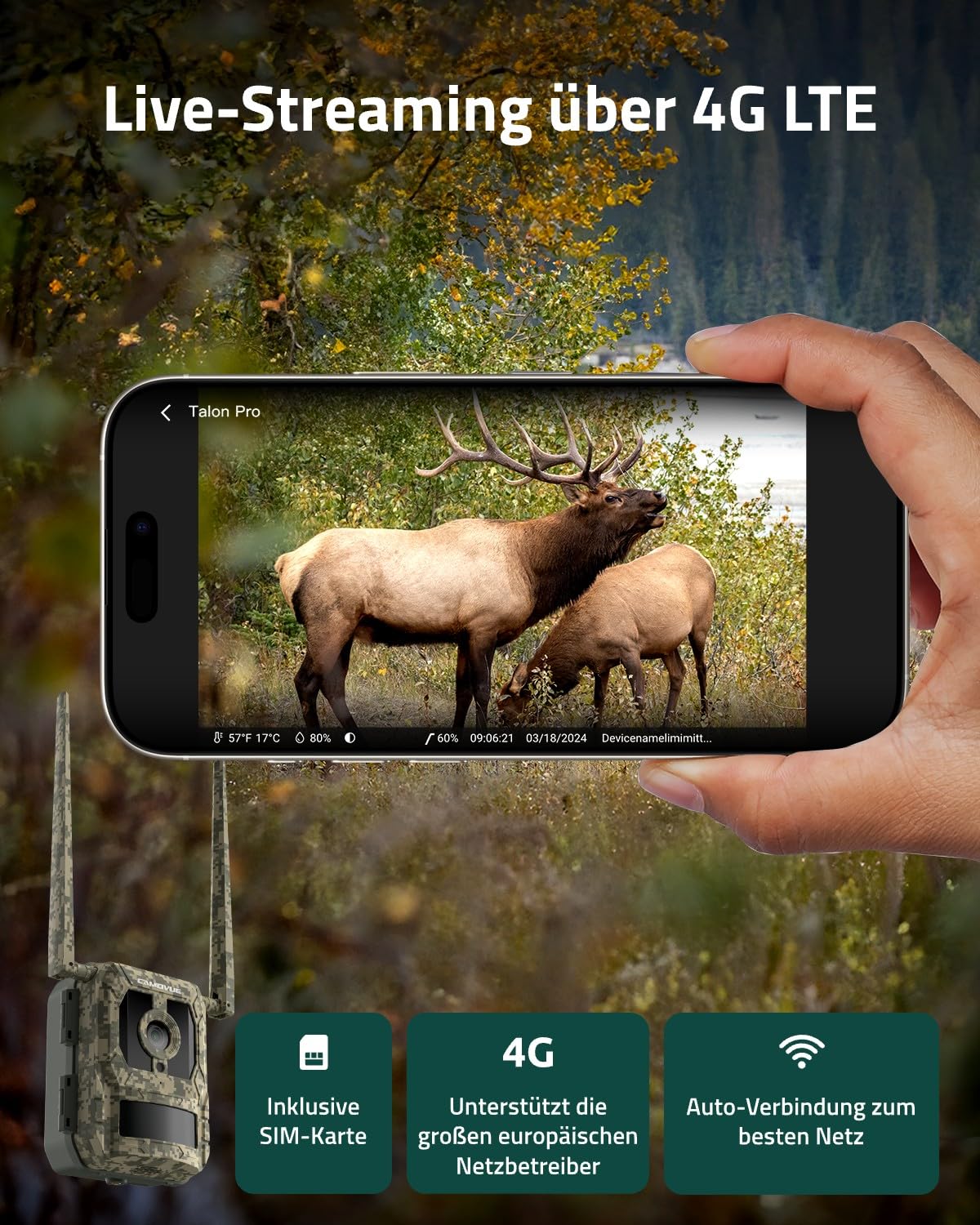 4G LTE Wildkamera mit SIM-Karte, 4K 8MP UHD, Live View jederzeit und überall, 0,2 Sek. Auslösezeit, 940nm unsichtbare IR-LEDs, Bewegungserkennung, Serienbildmodus, Cloud Speicher, Talon Pro