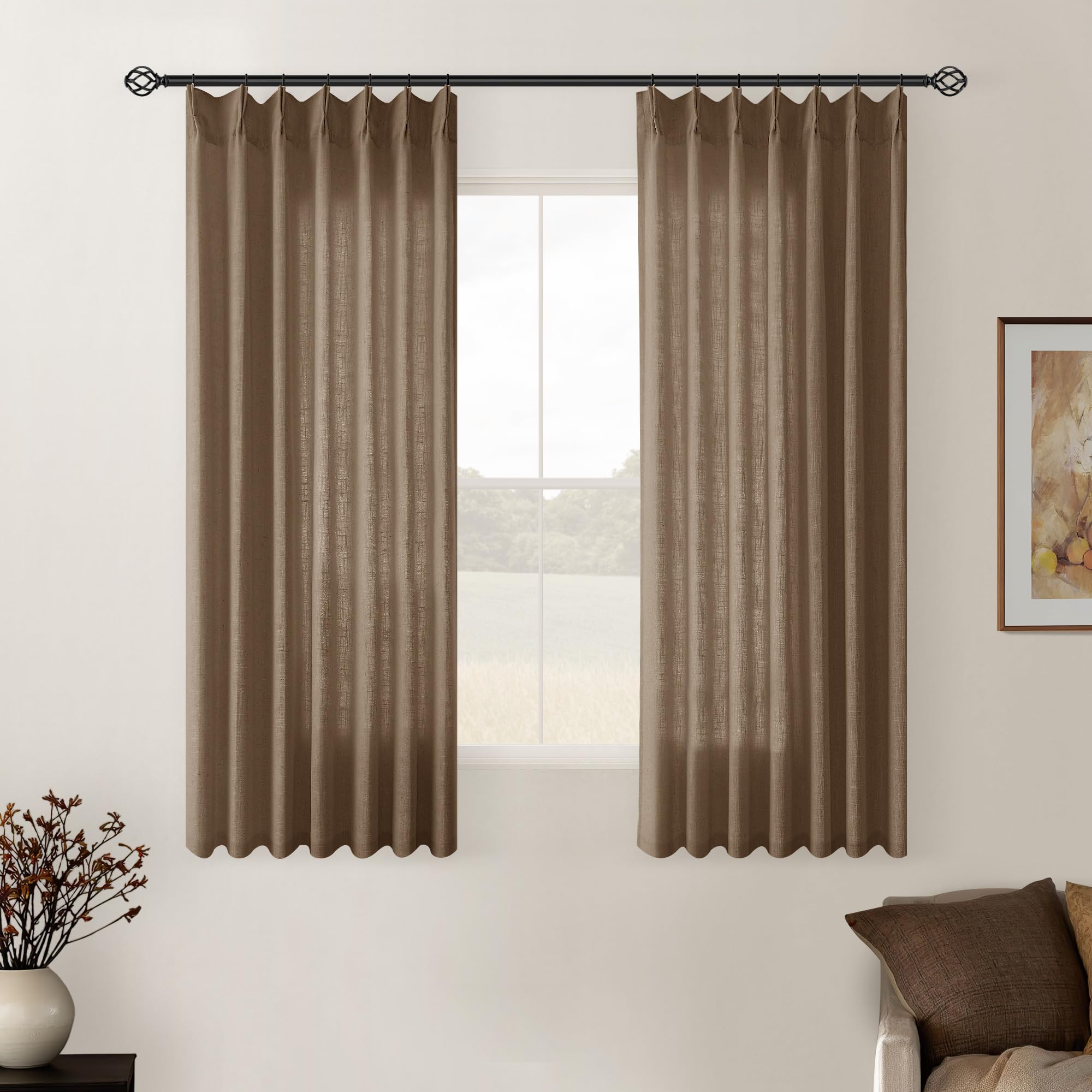 Dutch Cocoa Pinch Pleated Linen Semi Sheer Curtains 45 Inch Length 2 Panels