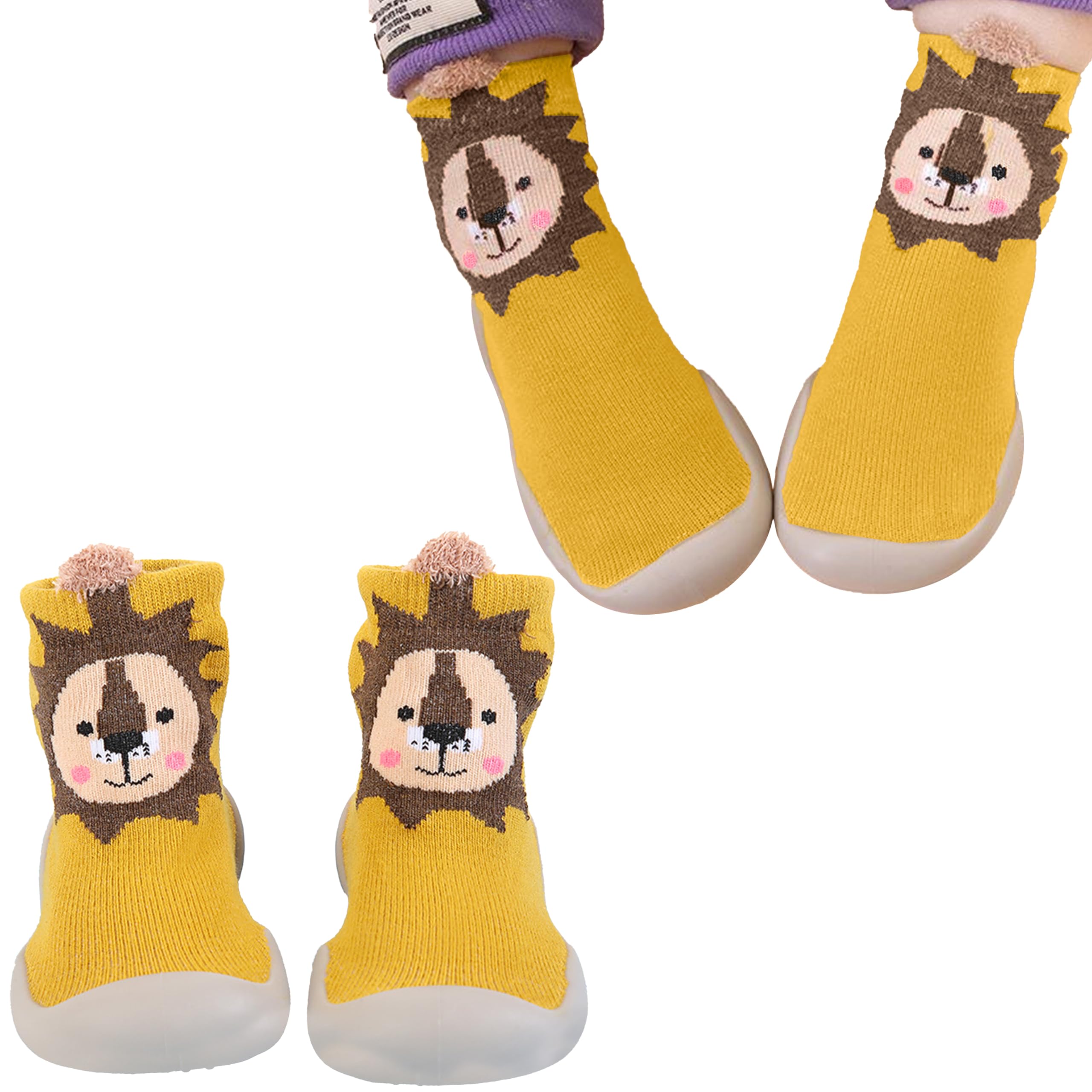 BEMBIKA Baby Sock Shoes - Soft, Stretchy, Cotton Baby Sock Shoes for Infants - Baby Booties with Socks for Children, Ideal Kids Walking Sneakers Floor Socks for Indoor Use-(Turmeric Lion Size 22-23)-image-7