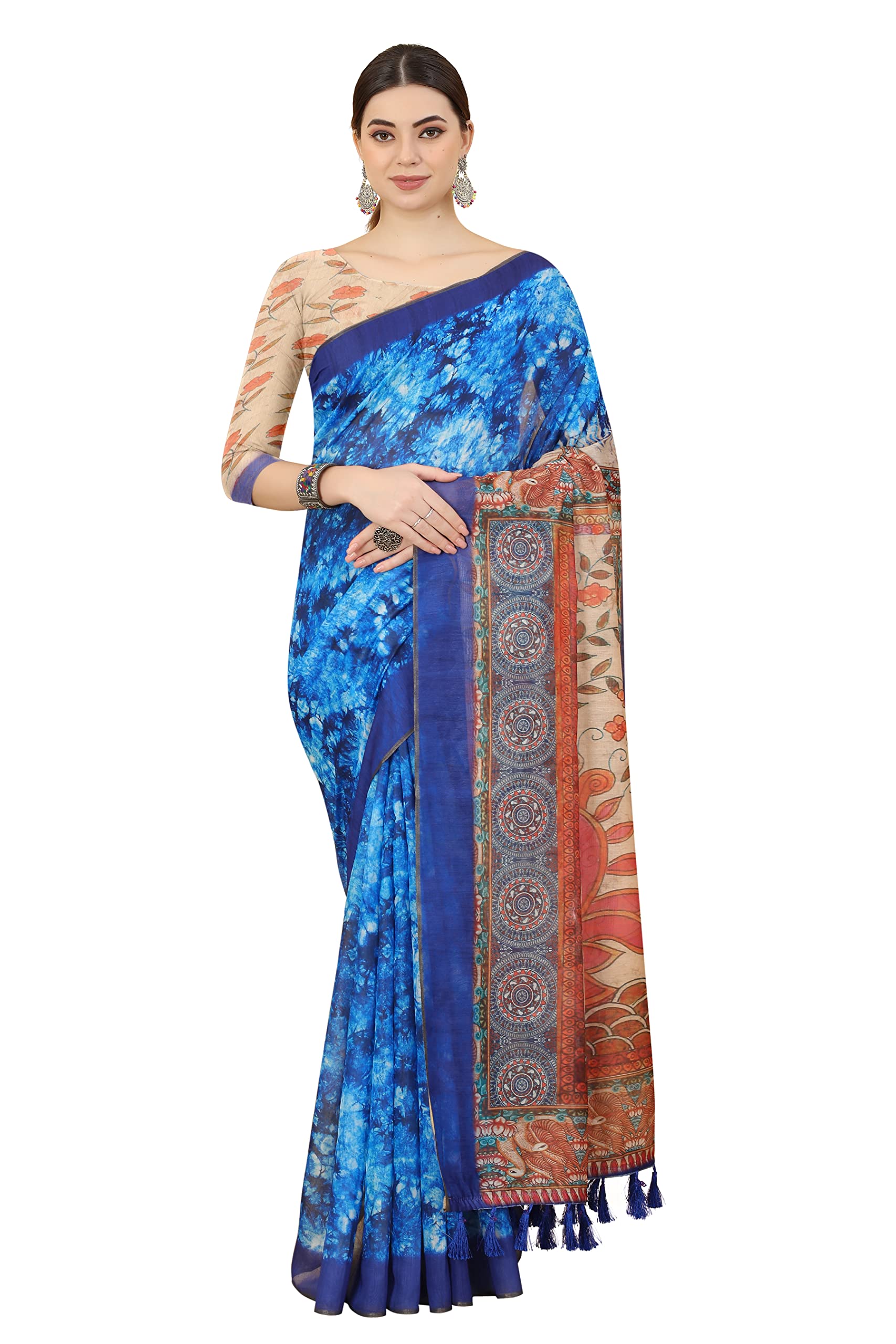 Amazon Brand - Anarva Women's Kalamkari Cotton Blend Digital Printed Saree(SZ-INDIGO-1419)