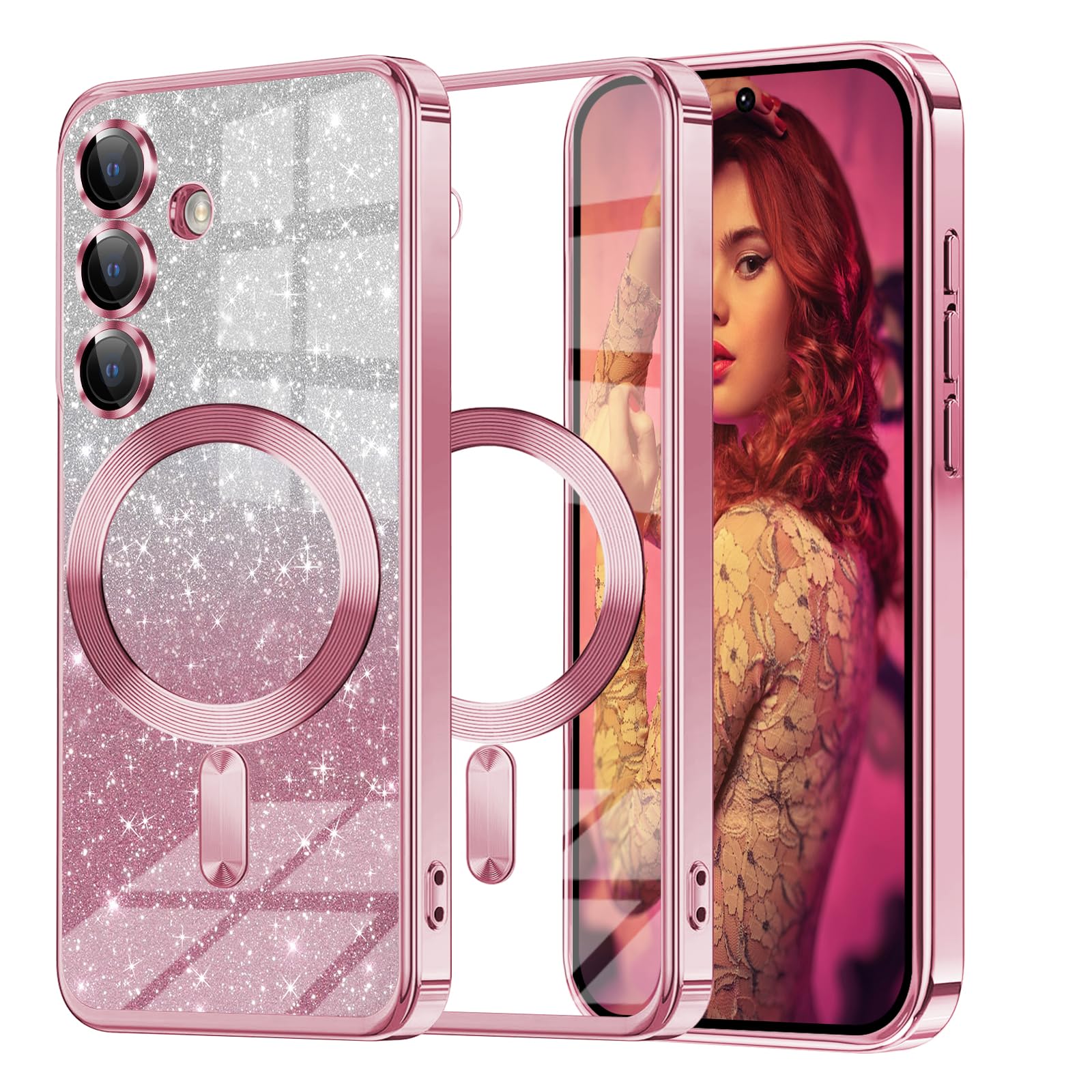 Glitzer Handyhülle für Samsung Galaxy A26 5G hülle [mit Mag-Safe] , Ultra Dünn Glänzend Pailletten Stoßfest A26 Hülle, Luxus Galvanik Frauen/Mädchen TPU Bumper Schutzhülle für A26 5G Hülle (Rosa)