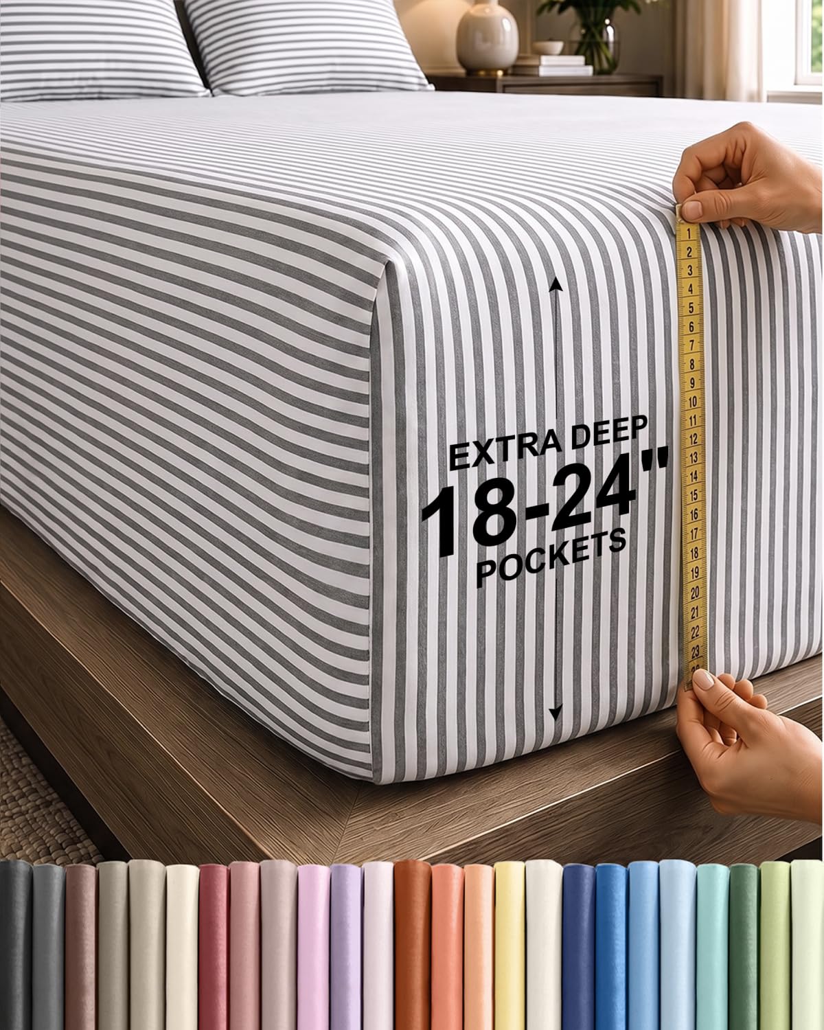 CGK Extra Deep Twin XL Single Fitted Sheet Only - Grey Stripes