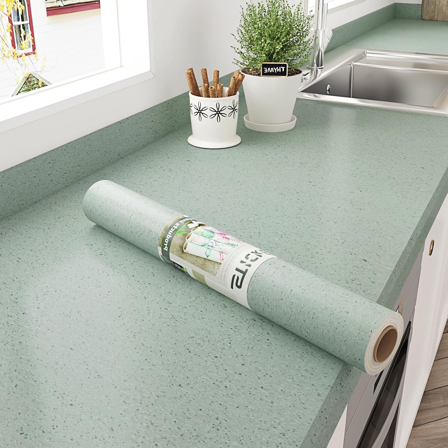 Light Green Granite Countertop Contact Paper for Countertops Kitchen Self Adhesive Matte Green Granite Wallpaper Peel and Stick Marble Vinyl Countertop for Cabinets Kitchen Tables 17.7"x315"