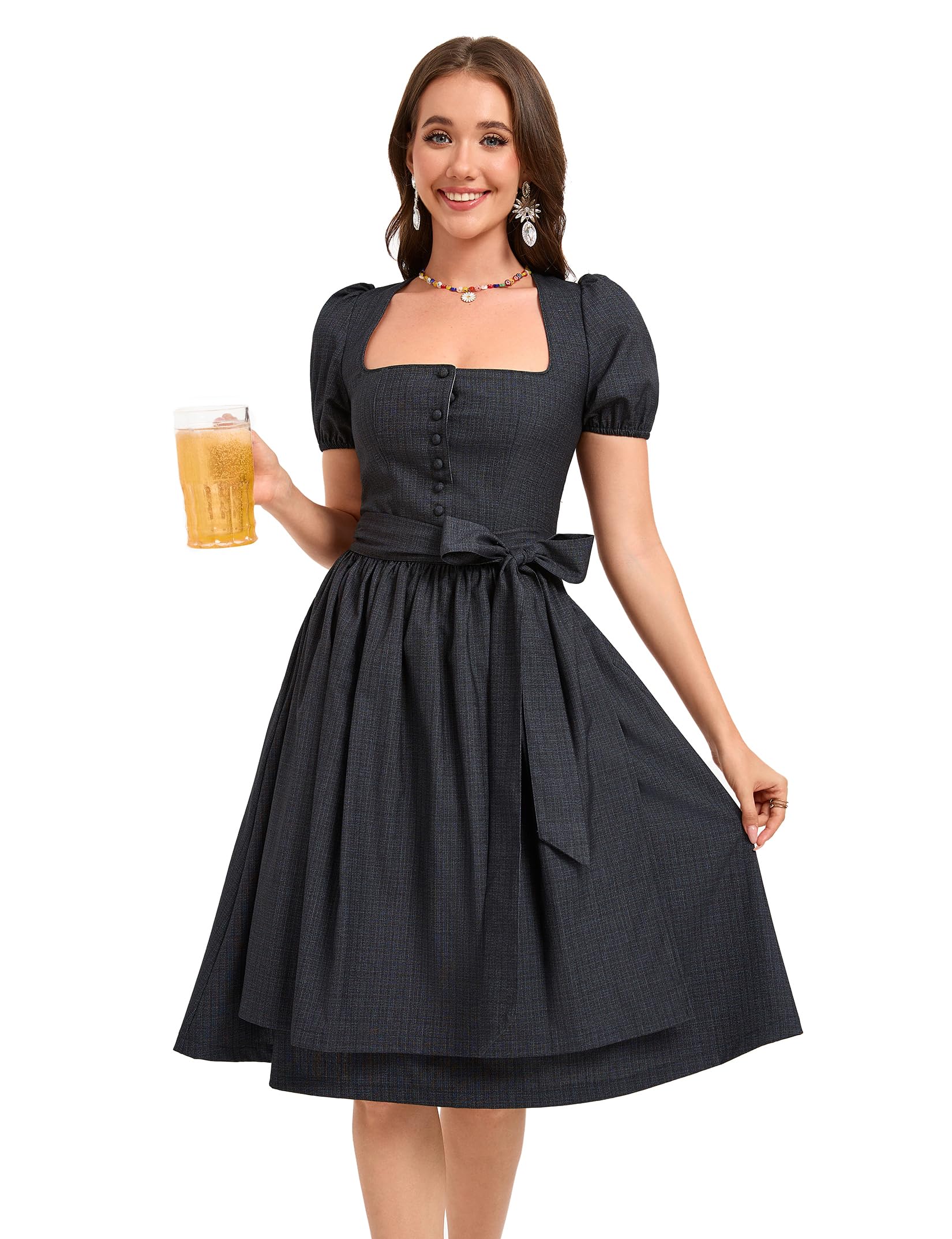 YesFashion Dirndl Damen Midi Trachtenkleid 3tlg. inkl.Dirndlbluse mit Puffärmeln, Rock und Dirndlschürze für Oktoberfest