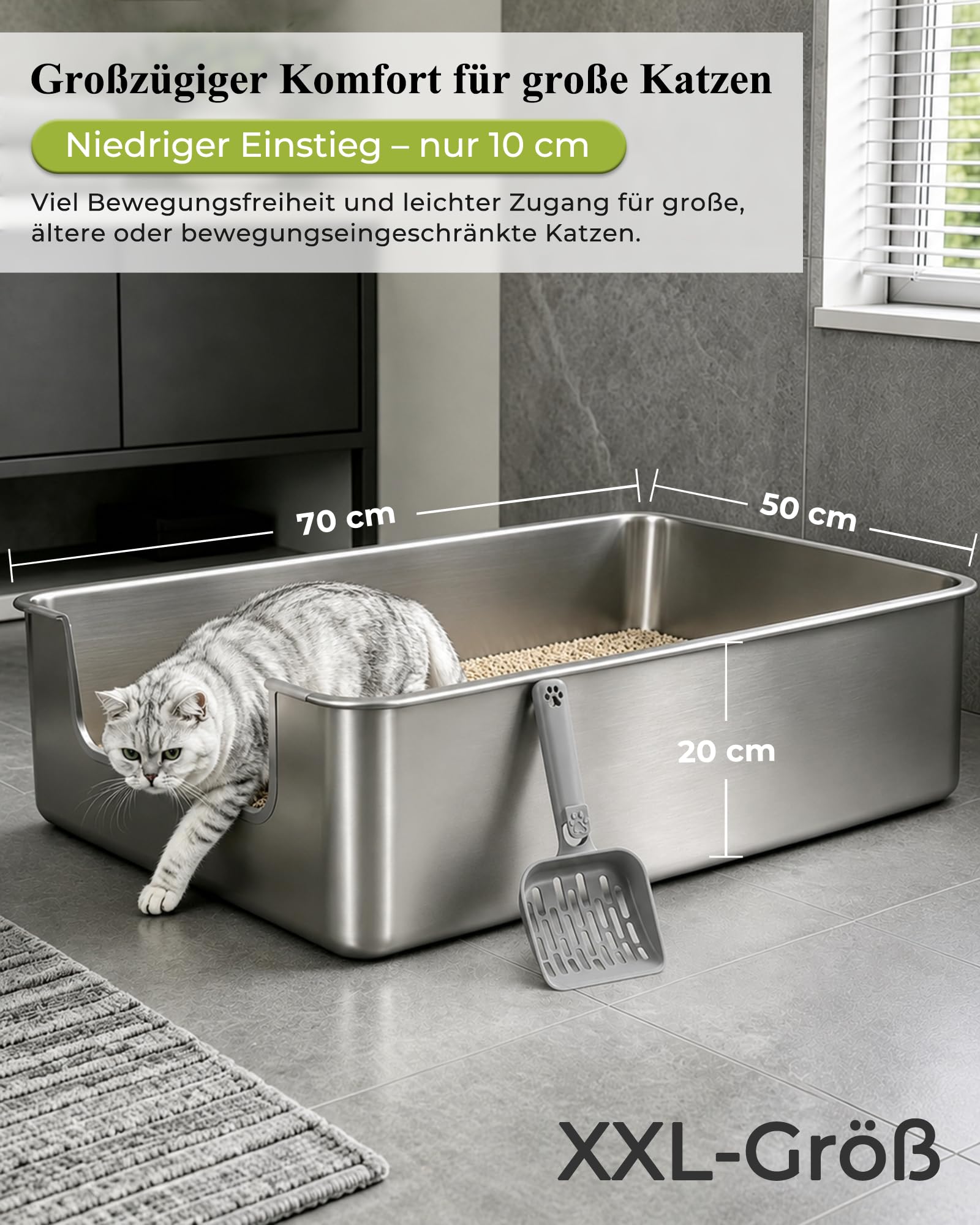 Extra groß Edelstahl Katzenklo 70x50 cm, Jumbo mit niedrigem Einstieg | Höhe 20 cm Metall Katzentoilette,Auslaufsichere hohem Rand für Maine Coon, unge und alte Katzen, Mehrkatzenhaushalte