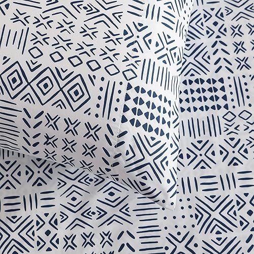 Miniatura 3 de Indigo Ink - Juego de sábanas de 4 piezas, ropa de cama suave y antiarrugas, decoración geométrica bohemia (colección Denim blanca), tamaño Queen