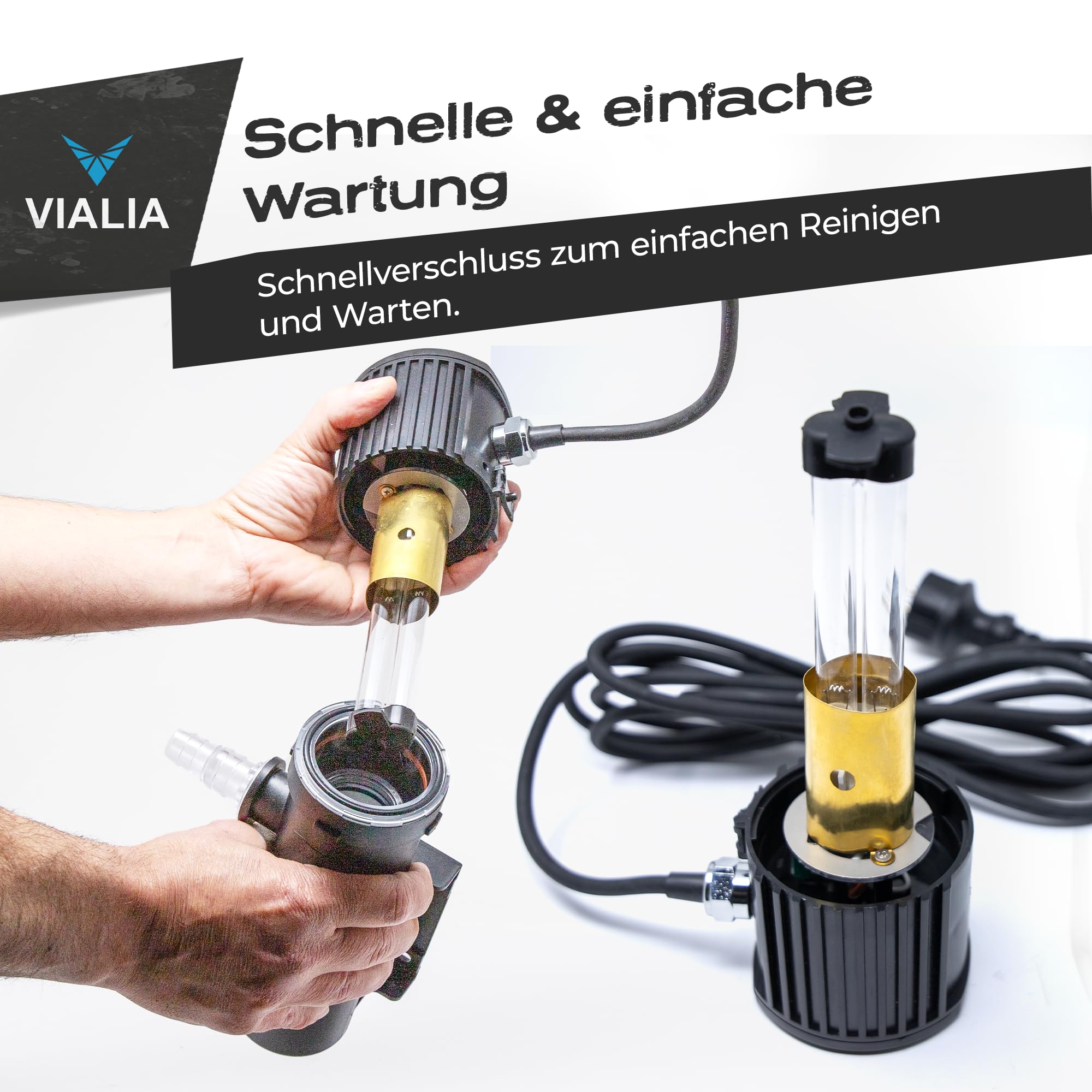 UVC Klärer, Modell: GUV-207, 7 Watt, 1.200 l/h, Teichklärer mit 2 Anschlüssen 20/25/32/40 mm, UV-Schauglas und Quick Lock-Anschluss, Teichfilter mit Pumpe für den Gartenteich