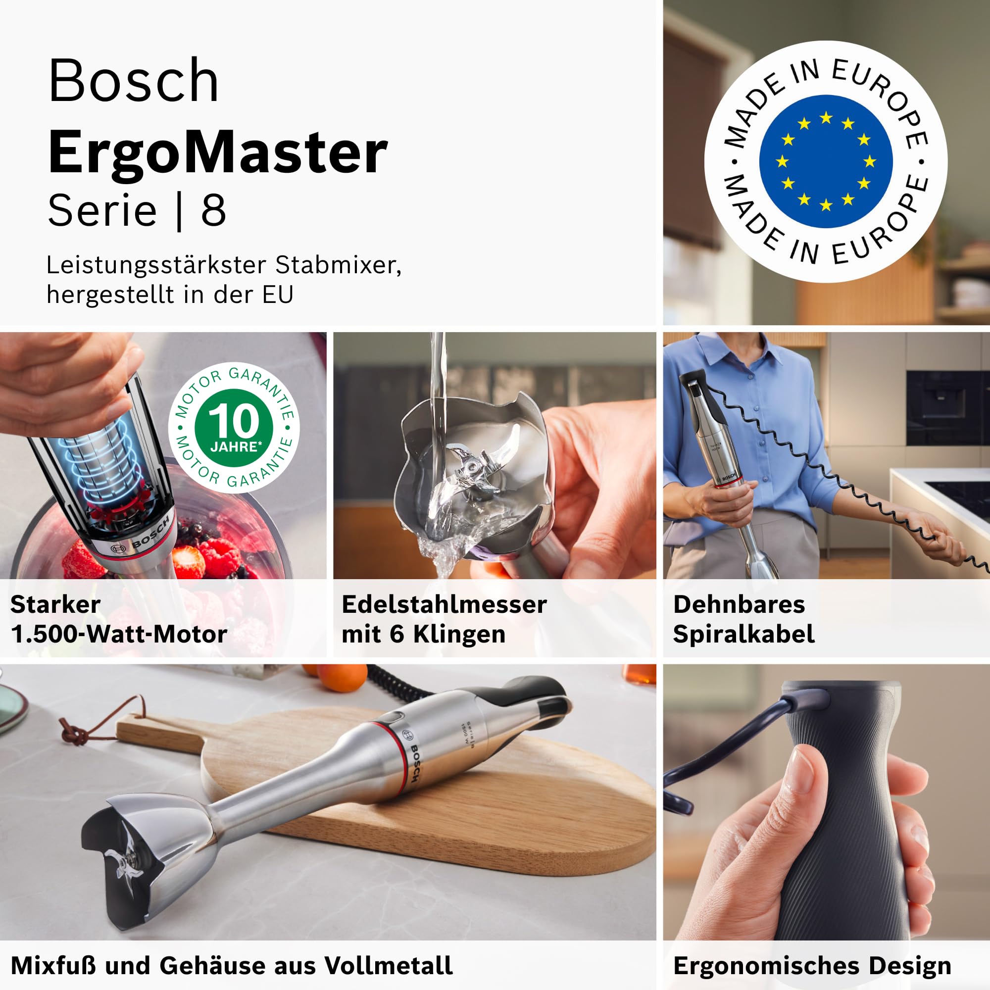 Bosch Stabmixer, Mixbecher, Universalzerkleinerer, Edelstahl Klingen, spülmaschinenfest, Spiralkabel, 1500 Watt, ErgoMaster Serie 8 MSM8M930