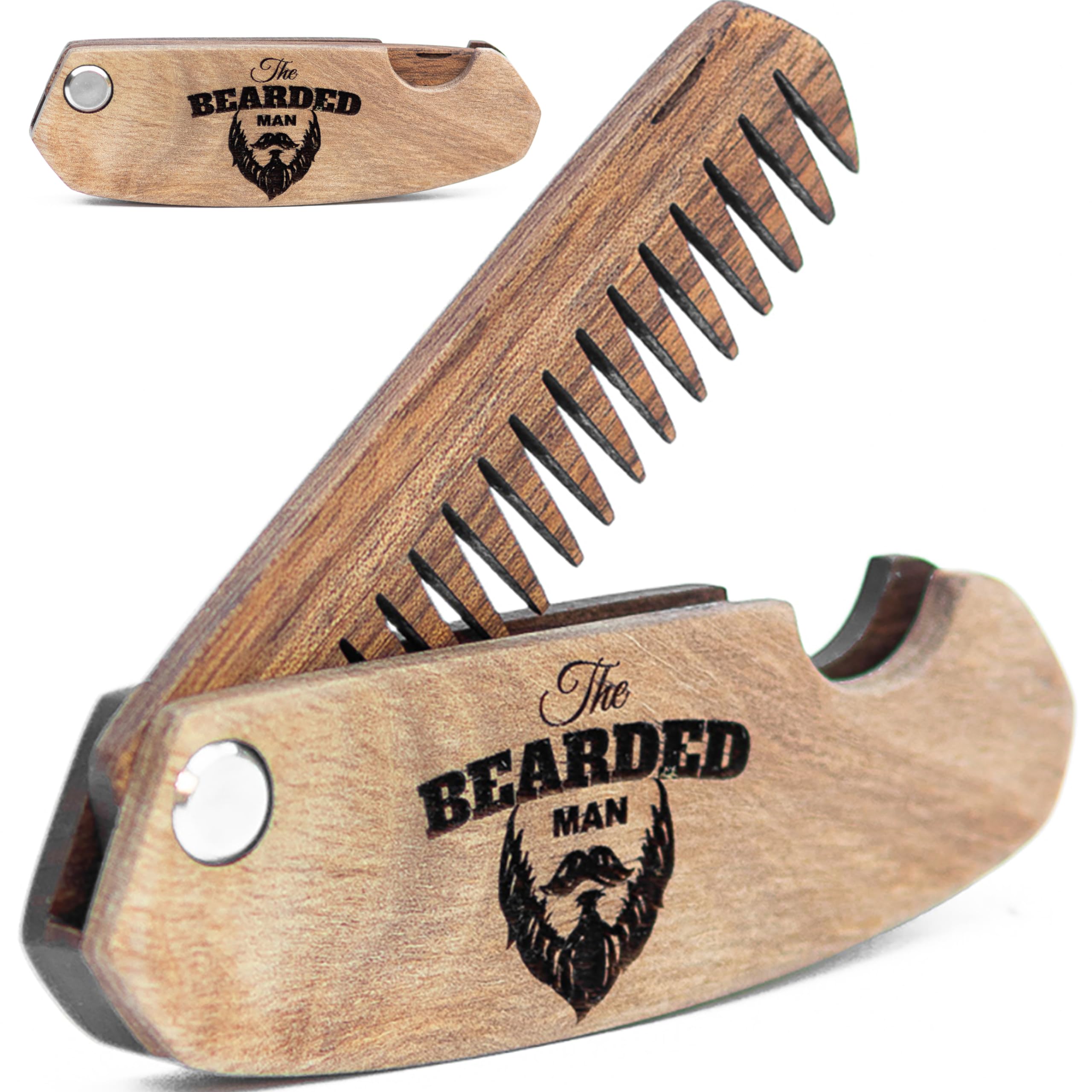 Enjoy The WoodBeard Comb for Men, Folding Pocket Beard Accessories for Men, Engraved Walnut Wooden Comb for Moustache, Beard & Hair For Him (Bearded Man)