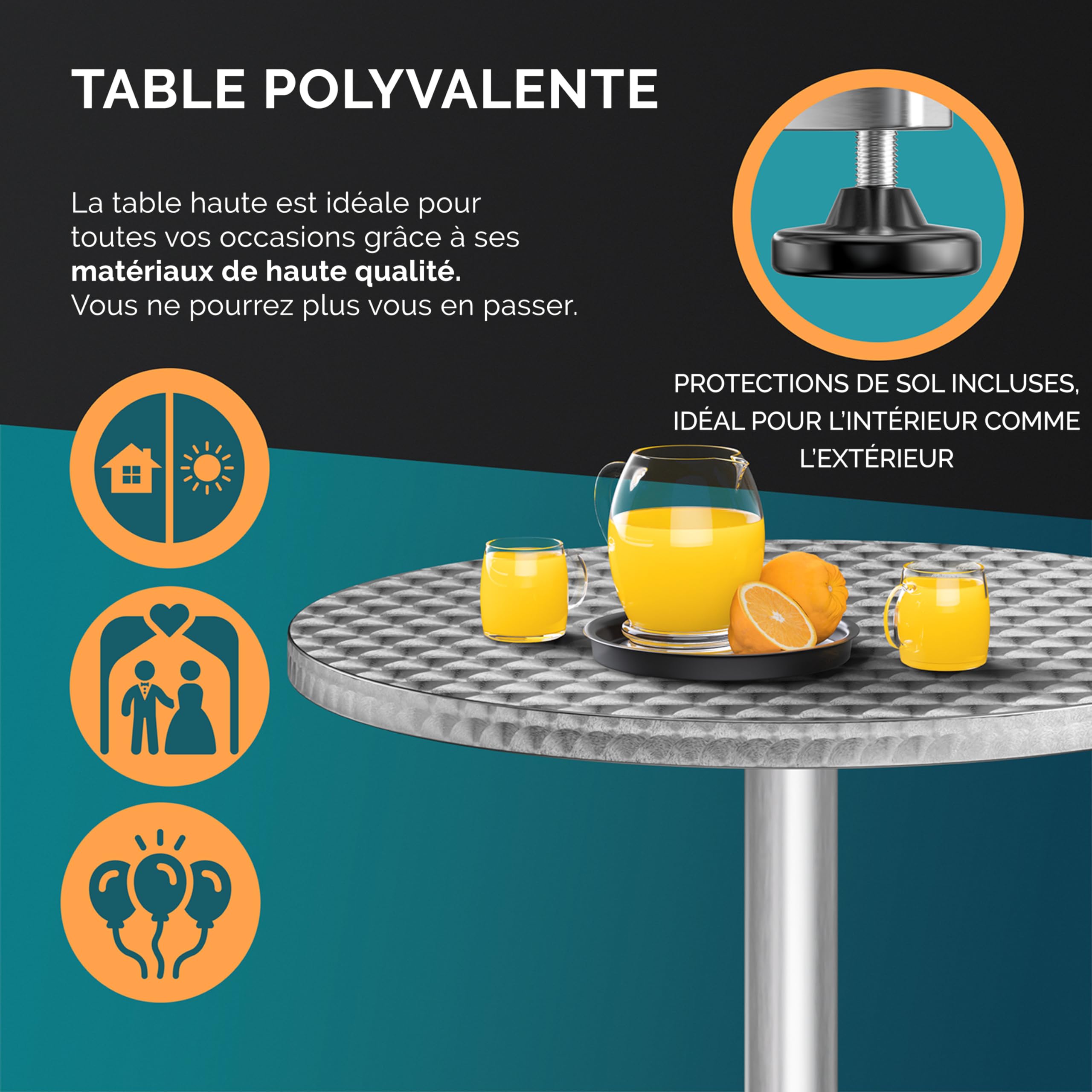 Casaria® Table Basse 2 en 1 - Set de 2 Tables à Manger Ajustables, Aluminium et Acier Inoxydable, Plateau Rond 60 cm, Hauteur 70-115 cm, Intérieur/Extérieur, Stable et Polyvalente