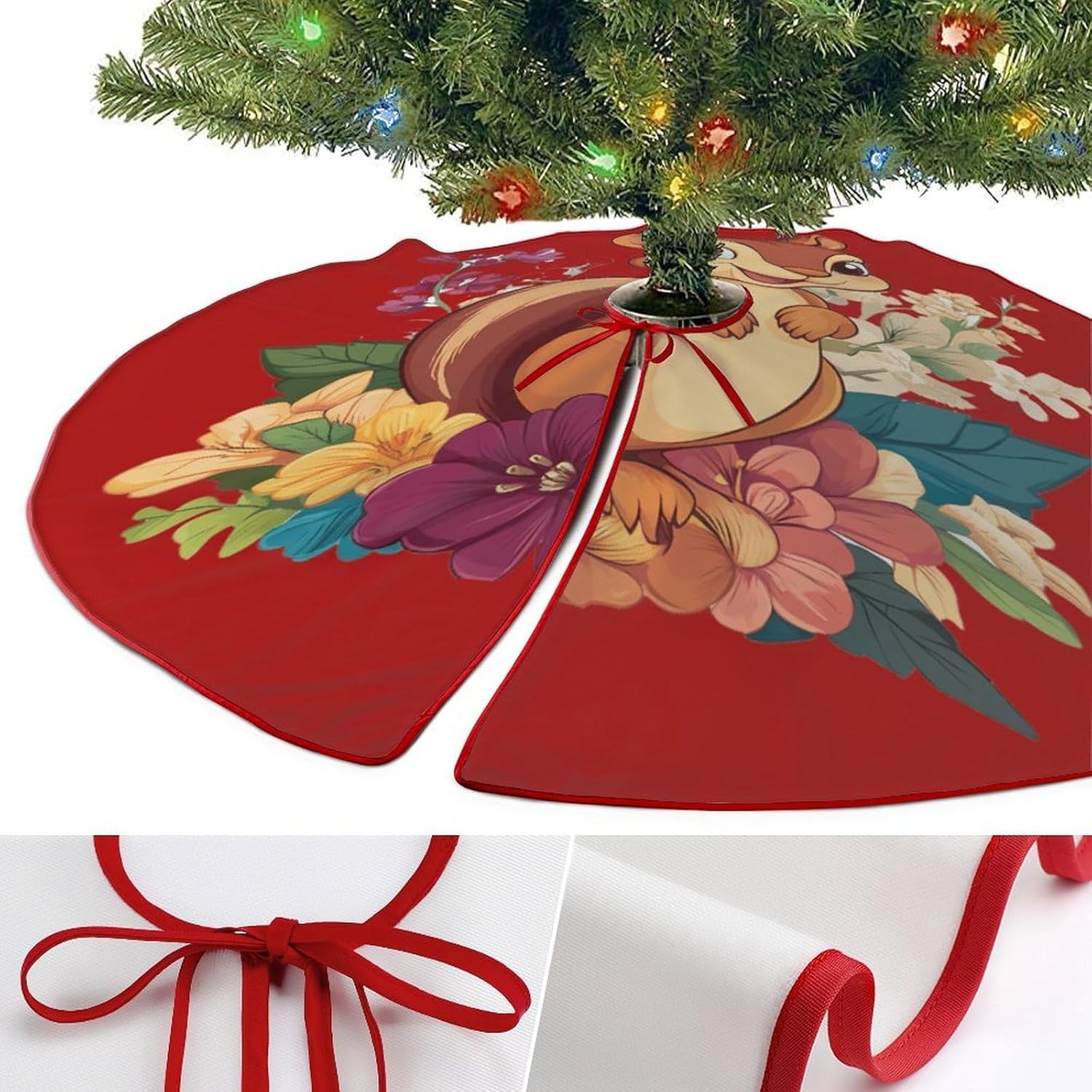 Cute Squirrel with Flowers Christmas Tree Skirt Ornaments Christmas Tree Mat for Home Party Holiday Decorations