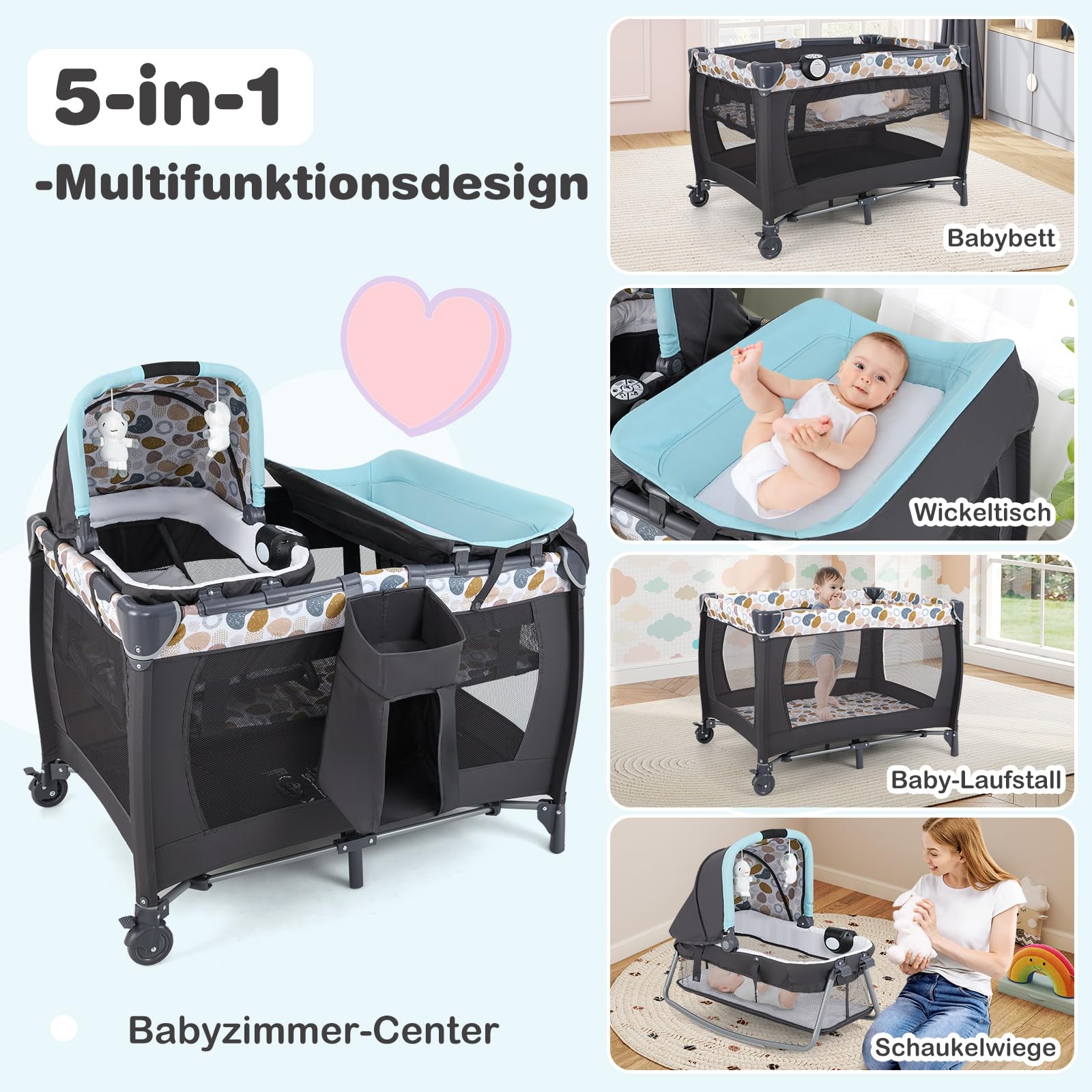 COSTWAY 5 in 1 Beistellbett Baby, Reisebett mit Matratze, Kinderreisebett inkl. Wickelauflage, Babywiege & Spieluhr, Stubenwagen mit Rollen, Babybett für Baby bis 36 Monaten (Blau Punkt)