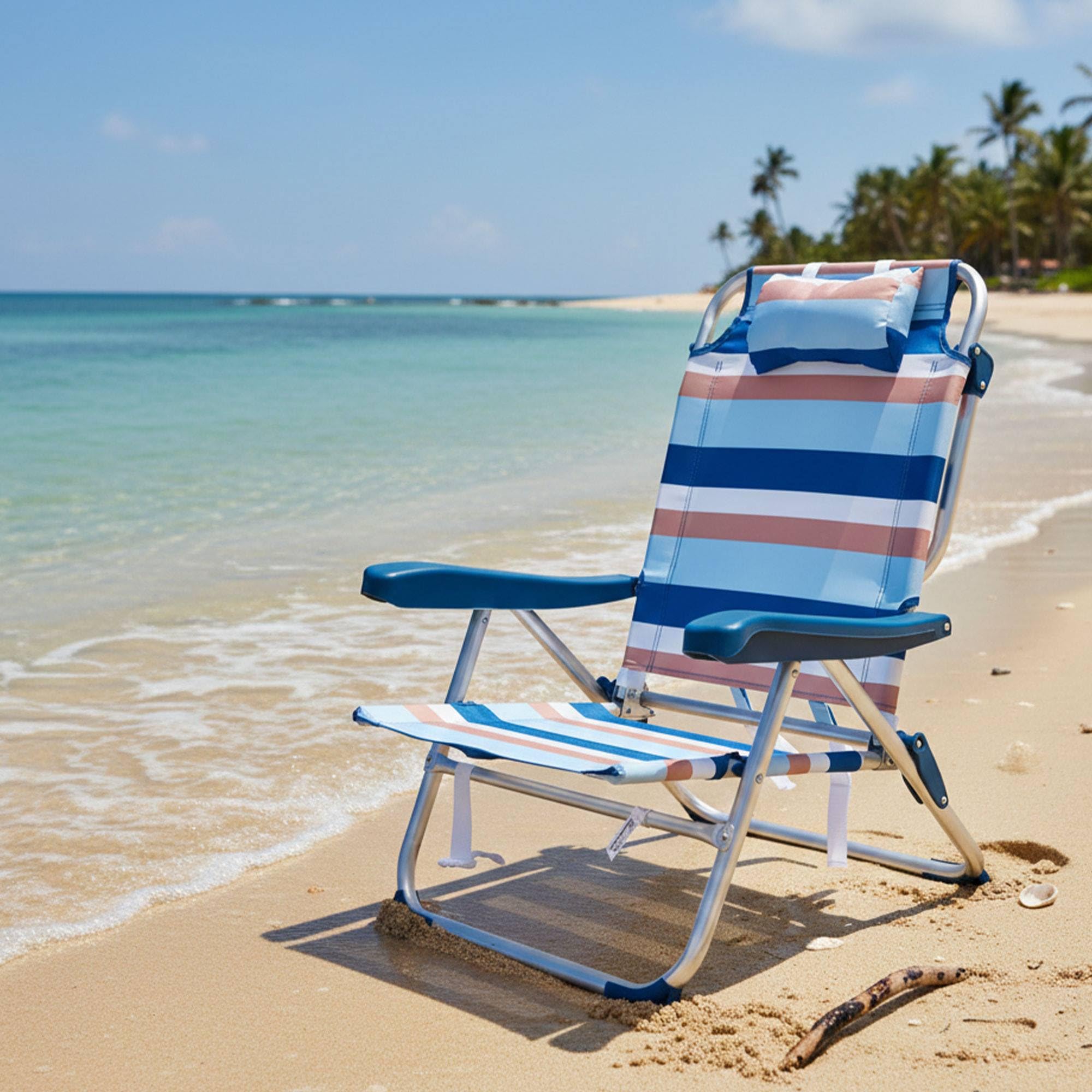 Well Home Silla Plegable de Camping/Playa reclinable con Almohada 64x63x32/82cm Aluminio anodizado, Rayas Azules, Tejido 600x300D hasta 110kg