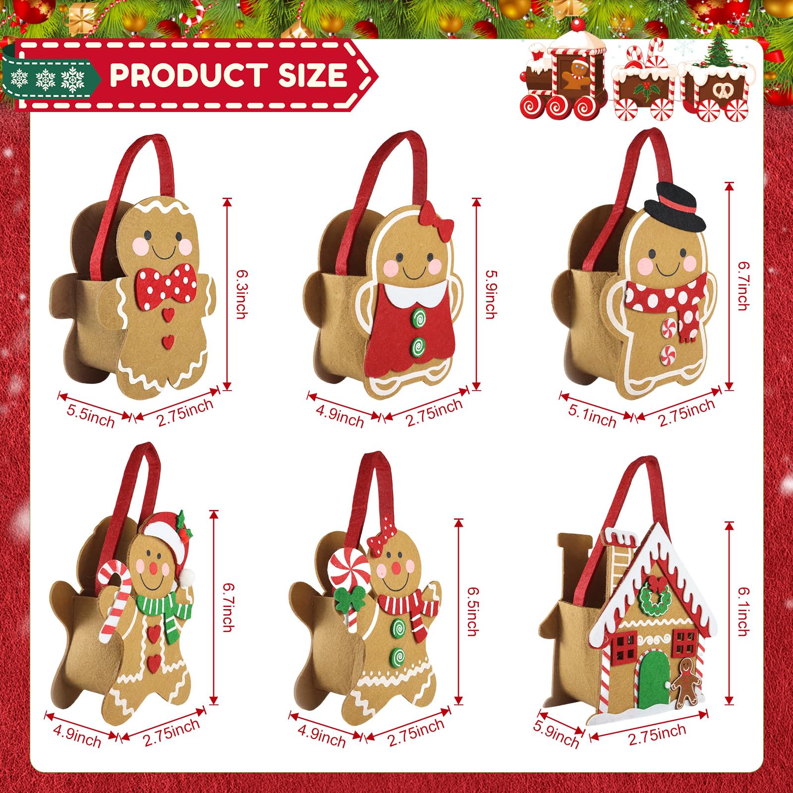 6 PCS Felt Christmas Treat Bags Small Christmas Party Favor Gift Bags for Holiday Candy, Snacks, and Goodies Wrapping Xmas Holiday Stuffers Holders for Guest Families Supplies (Gingerbread Man)