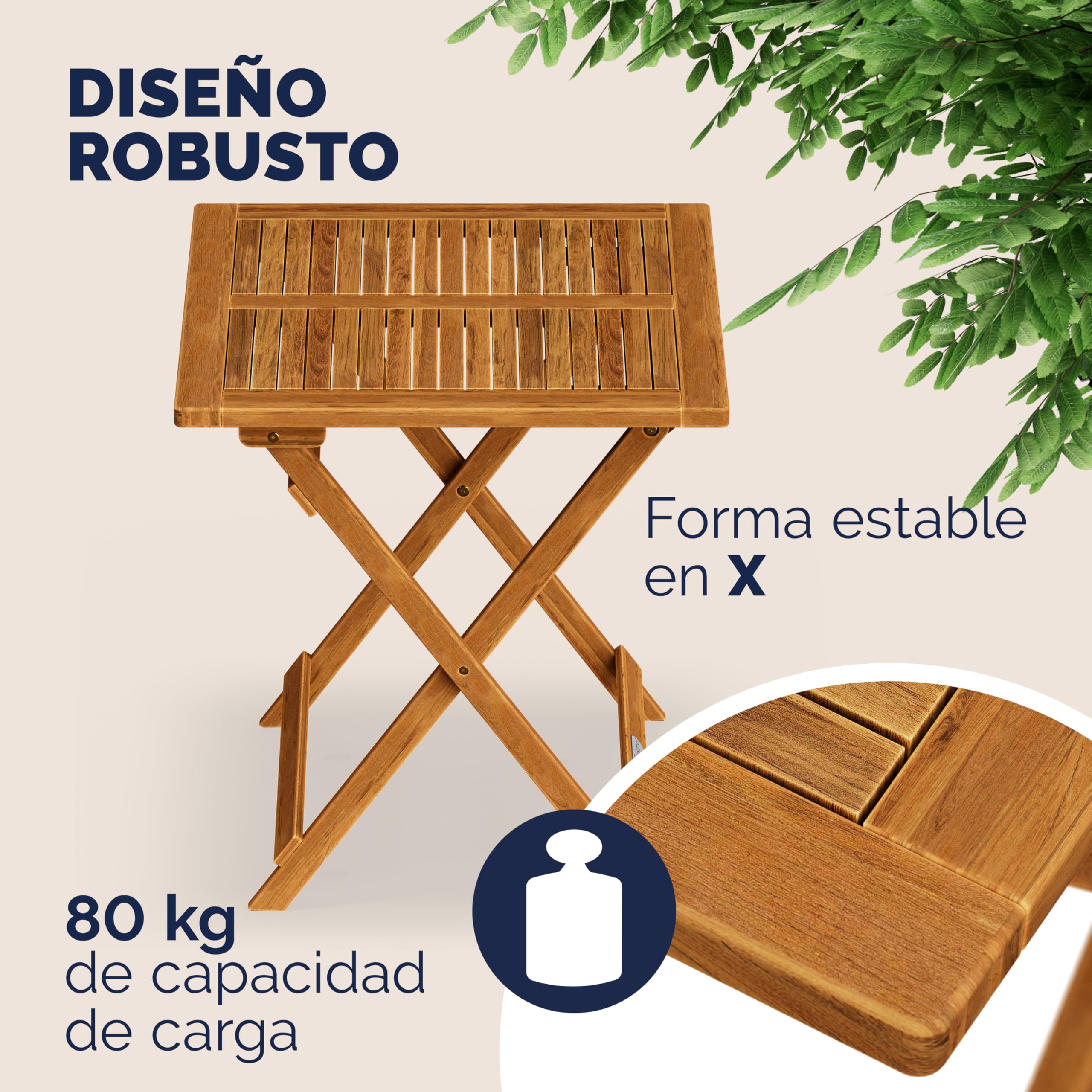 CASARIA® Mesita de Jardín Plegable de Madera Acacia 70x70cm Carga hasta 80kg Resistente Intemperie Mesa Auxiliar Portátil Exterior Balcón Terraza Marrón
