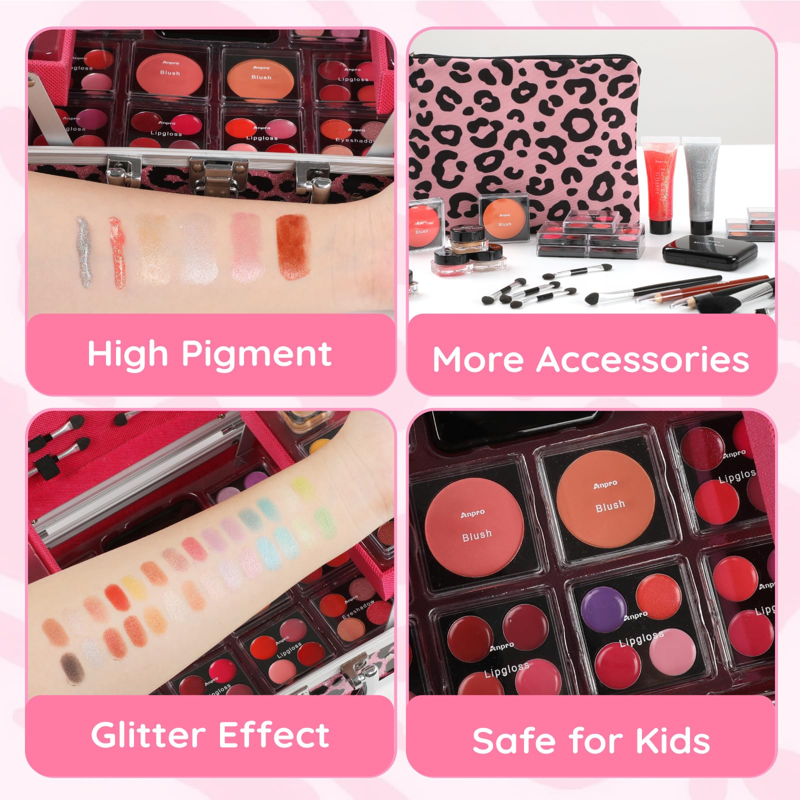Anpro Estuche de Maquillaje Todo en Uno con Diseño Leopardo, Incluye Set de Maquillaje Profesional para Adolescentes, Pinceles, Paleta de Sombras, Regalo Ideal para Niñas - Rosa Leopardo