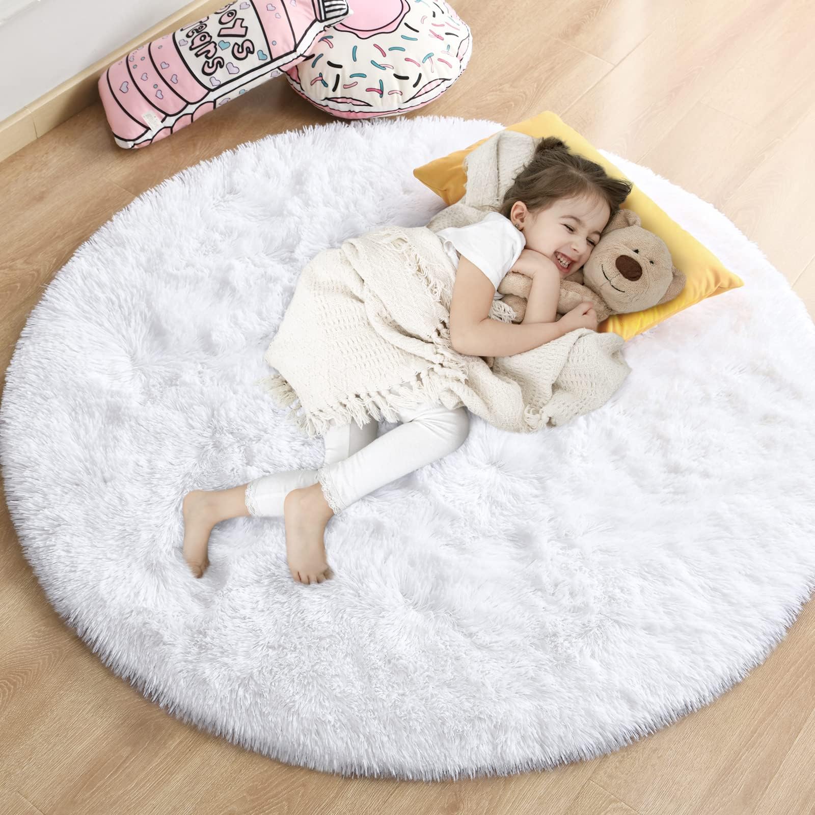 Round Rugs Bedroom Carpets Shaggy Rug Fluffy Soft Area Rug Area Rugs for Kids Room Living Bedroom Dining Rugs Deep-Pile Rug Anti Slip Soft Carpet 120cm (White)