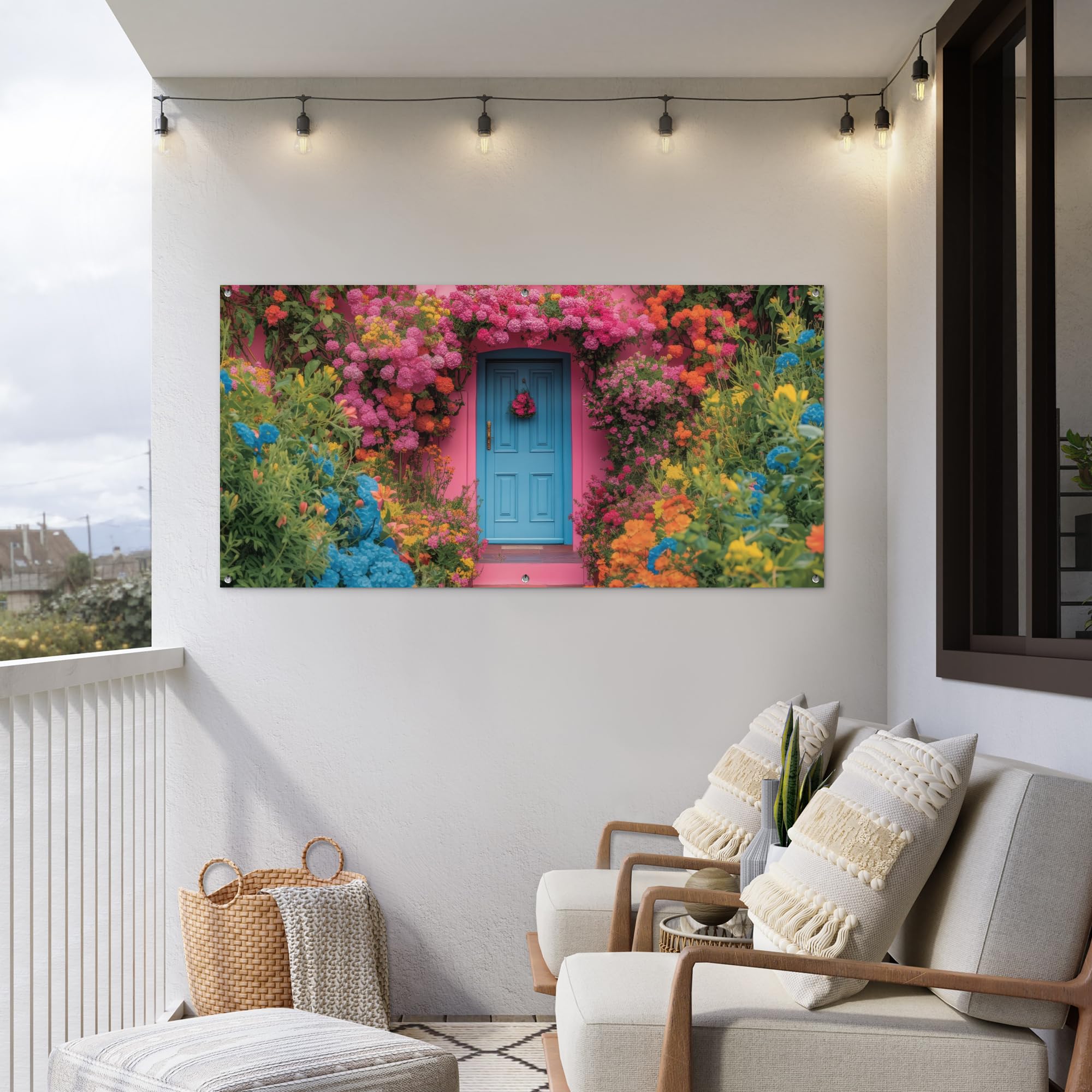 MuchoWow© Decoracion Jardin Exterior Decoración Pared Póster De Jardín | 160x80 cm - Balcón Wall Decoration Patio Posters Decorativos Terraza Flores - Puerta - Rosa