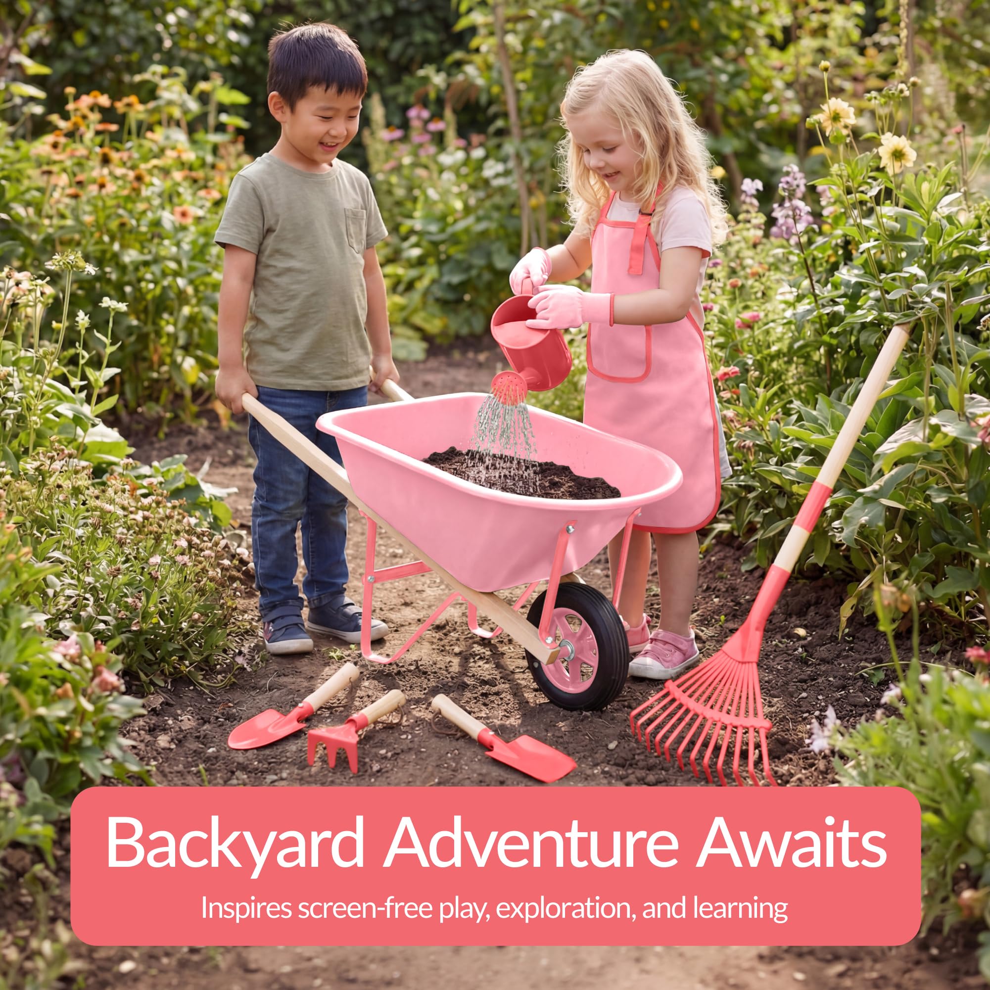Best Choice Products Set di attrezzi da giardinaggio per bambini, 8 pezzi con carriola, utensili in metallo, annaffiatoio, grembiule e guanti, set da gioco per bambini da giardino per bambini dai 3