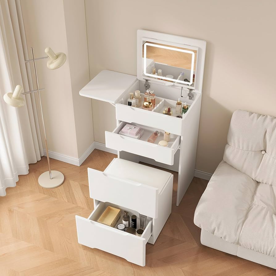 テーブルとライト付きコンパクトドレッサー、幅48cm、大容量収納、LEDライト テーブルとライト付きコンパクトドレッサー、幅48cm、大容量収納