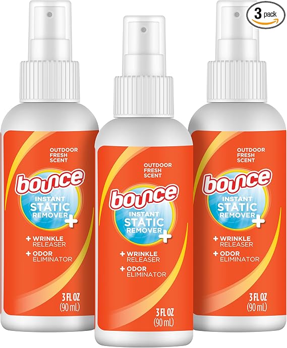 Bounce Anti Static Spray, 3 in 1 Instant Anti Static Spray & Instant Wrinkle Release, Odor Eliminator & Fabric Refresher, Travel Size (3 Oz,Pack of 3)