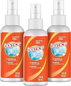 Bounce Anti Static Spray, 3 in 1 Instant Anti Static Spray &amp; Instant Wrinkle Release, Odor Eliminator &amp; Fabric Refresher, Travel Size (3 Oz,Pack of 3)