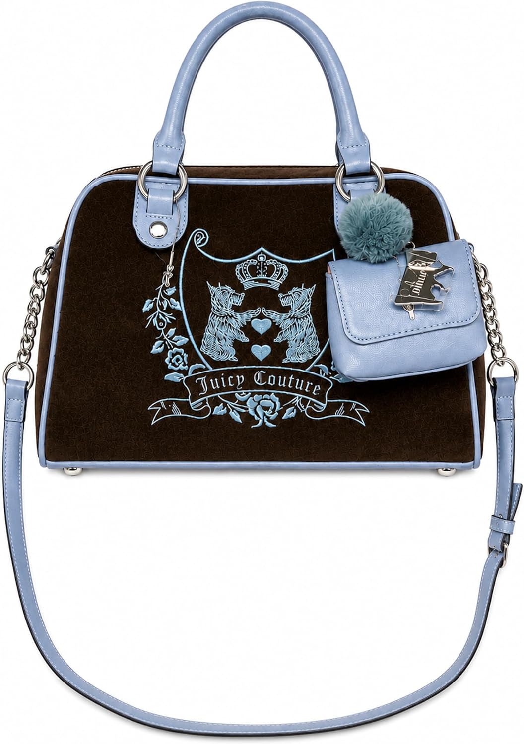 Juicy Couture New Love Chapter Satchel, Chocolate, 11" x 8", Top Handle Bag with Removable Crossbody Strap, Mini Pouch and Pom Charm