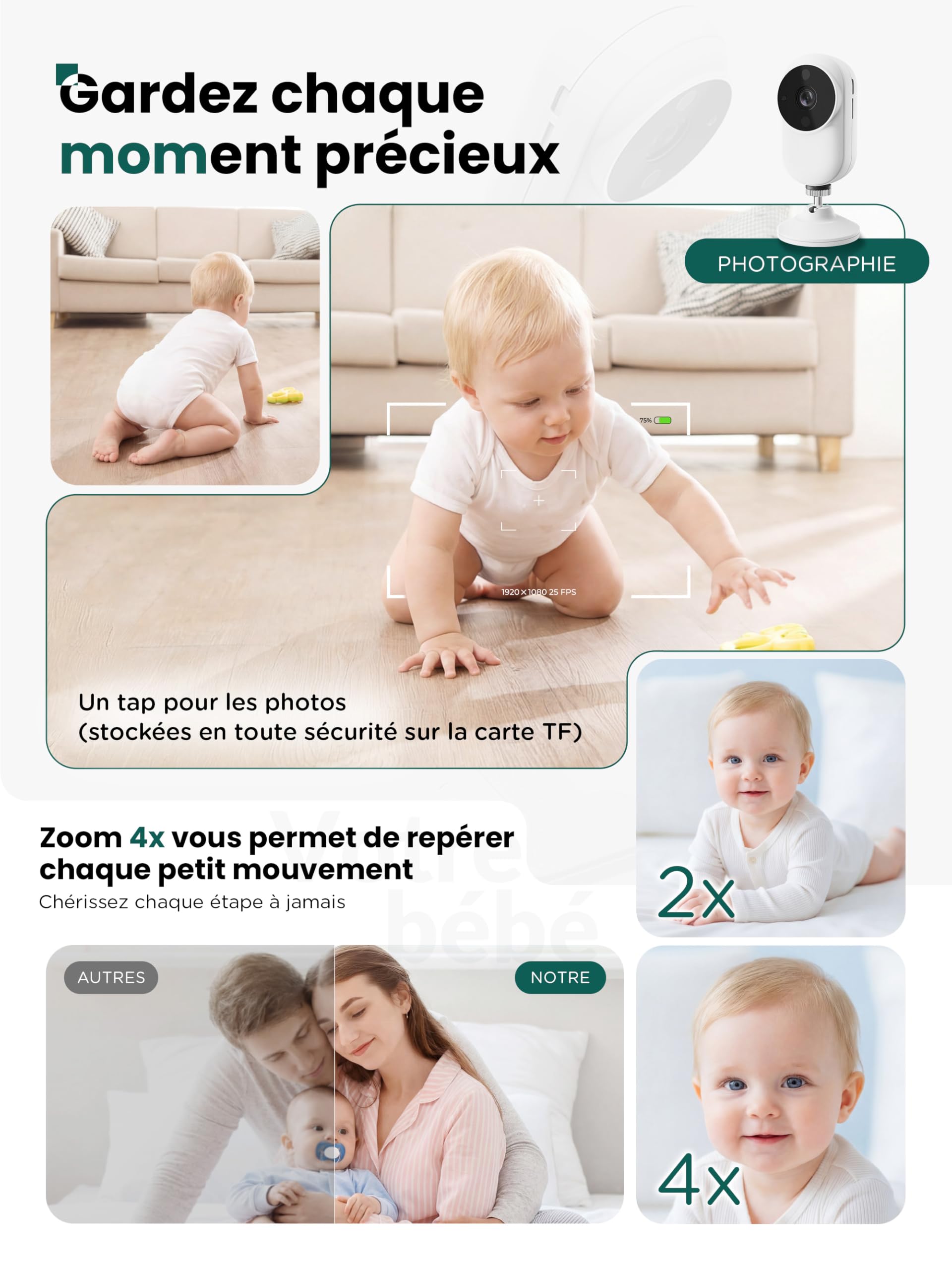 NUOTUN Babyphone Camera sans WiFi avec Support Lit, HD Camera Bebe Surveillance avec 3.5" IPS écran, Audio Bidirectionnel, Détection des Pleurs, Vision Nocturne, Berceuses, Cadeau de Naissance idéal
