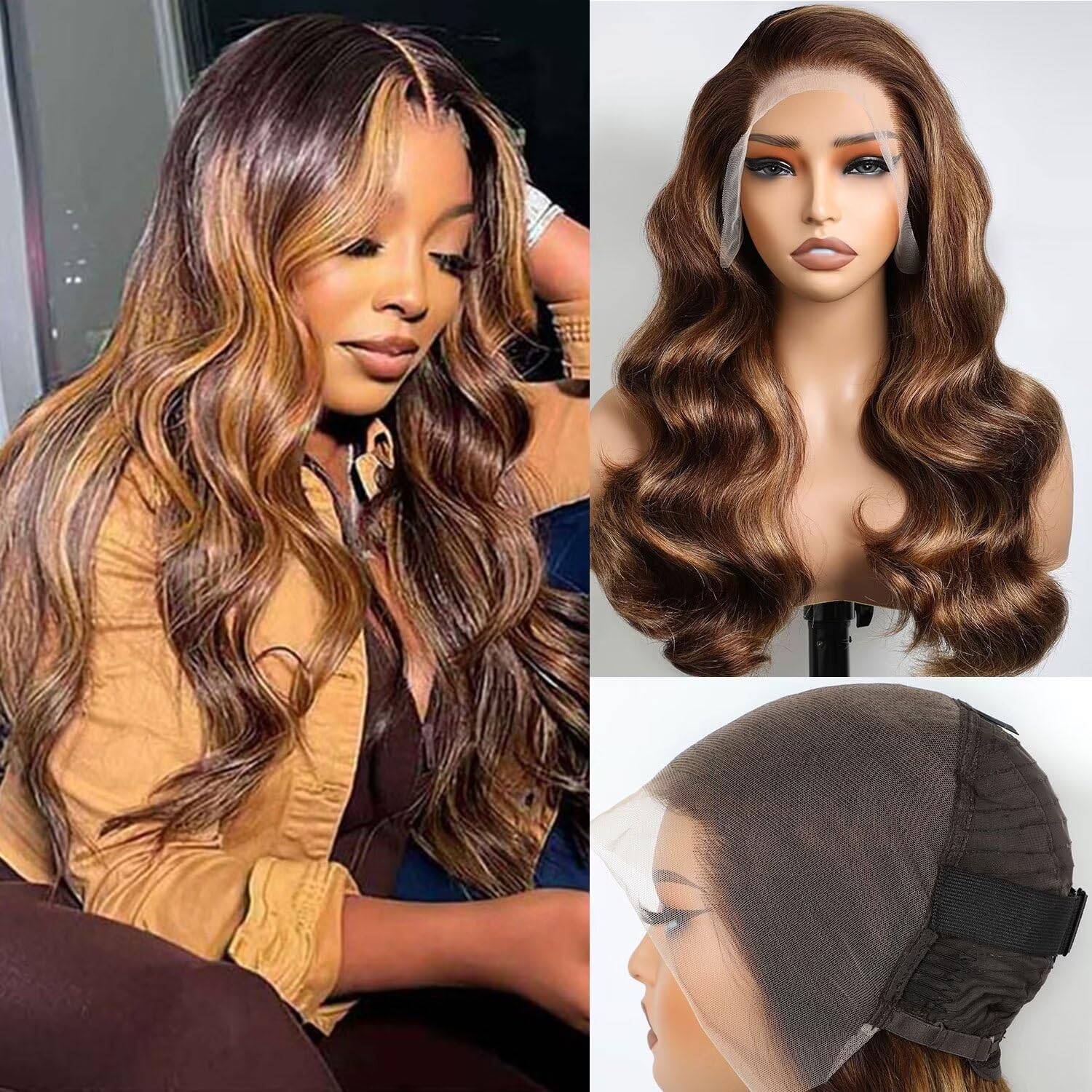 Lemoda Full 13x6 Highlight Body Wave Lace Frontal Human Hair Wigs 250% Density Medium-length Ombre P4/27 Piano Color Bob Wigs 15A 20Inch HD Transparent Lace Wig