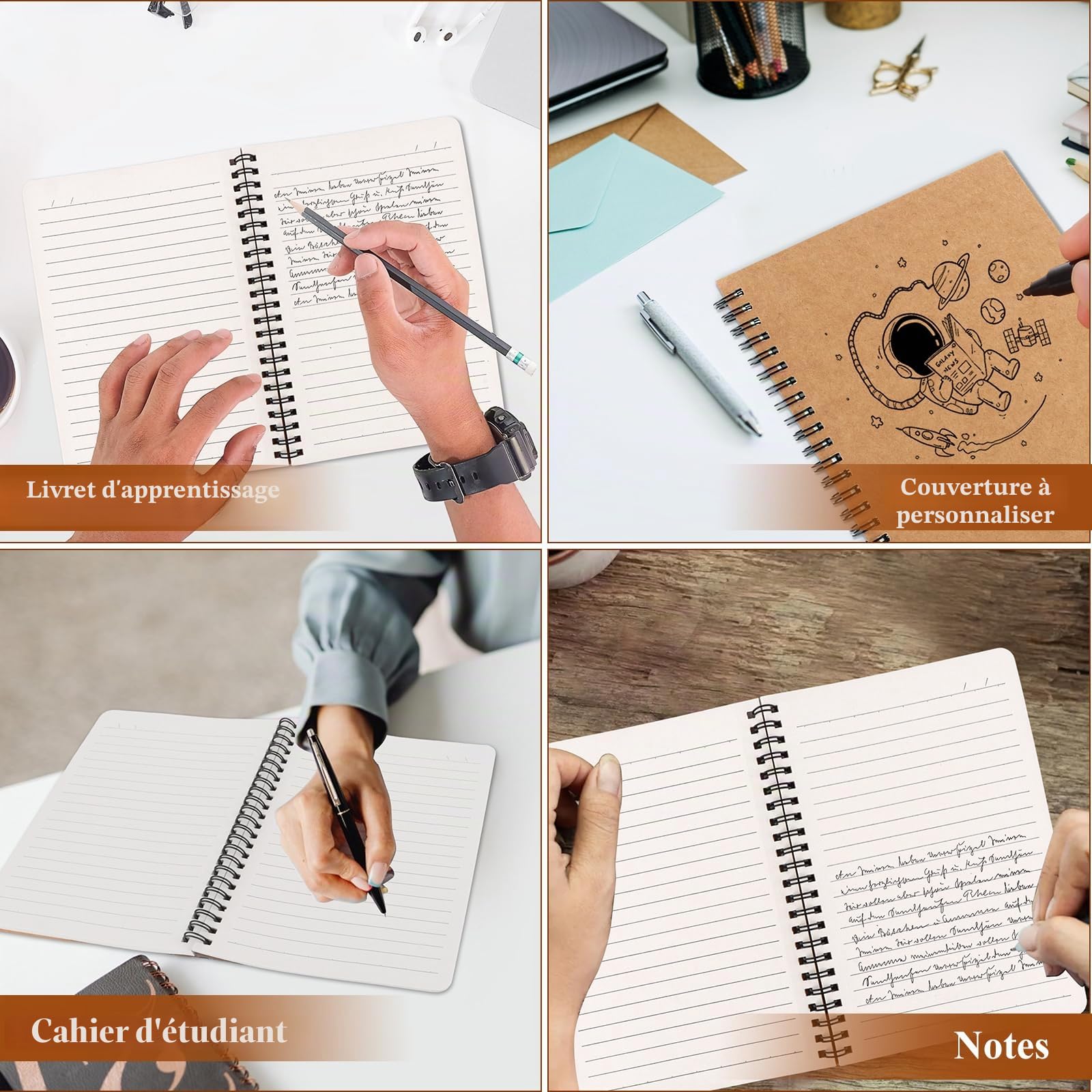 Carnet de notes A5 à spirale, lot de 24 cahiers lignés avec couverture kraft, 60 feuilles 80 g/m², bloc note A5 pour école, bureau, journal et prise de notes quotidienne