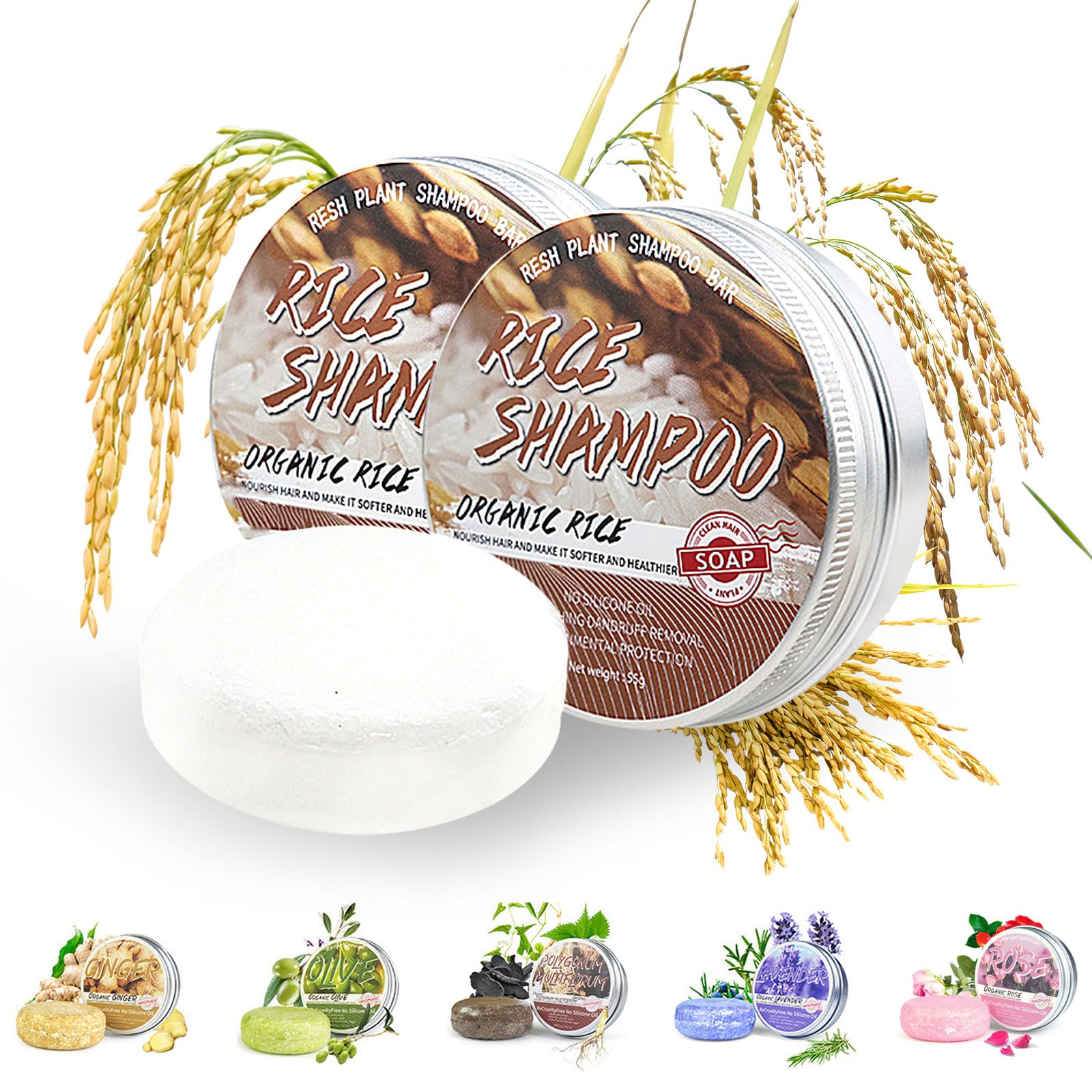 Rosemary Shampoo Bar for Hair Growth and Deep Cleansing, Organic Solid Soap for Fine & Oily Hair (2 Pack Rice Water)