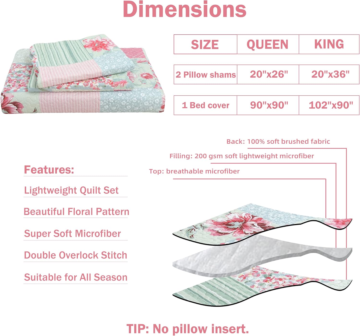 Cmfshape Summer Floral Queen Quilted Bedspread,Romantic Pink Quilt Set,Reversible Stitched Bedding Set All Season,Soft Lightweight Coverlet with Pillow Cases (Pink&Grey, Queen90 x90) - Image 6