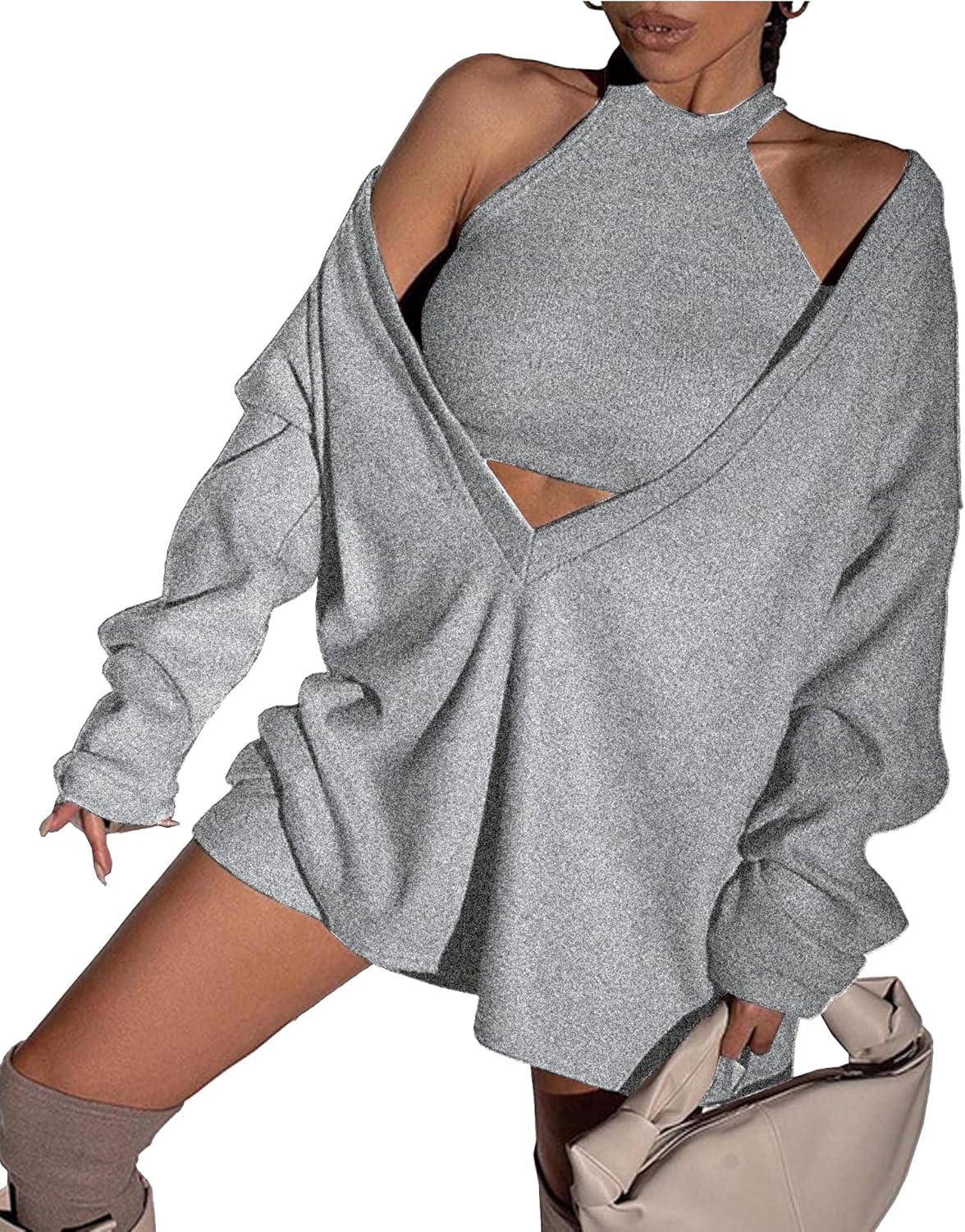 ECDAHICC Women's Two Piece Outfits Knitted Halter Neck Crop Tank Tops and Oversized Off Shoulder Deep V Neck Pullover Sweater