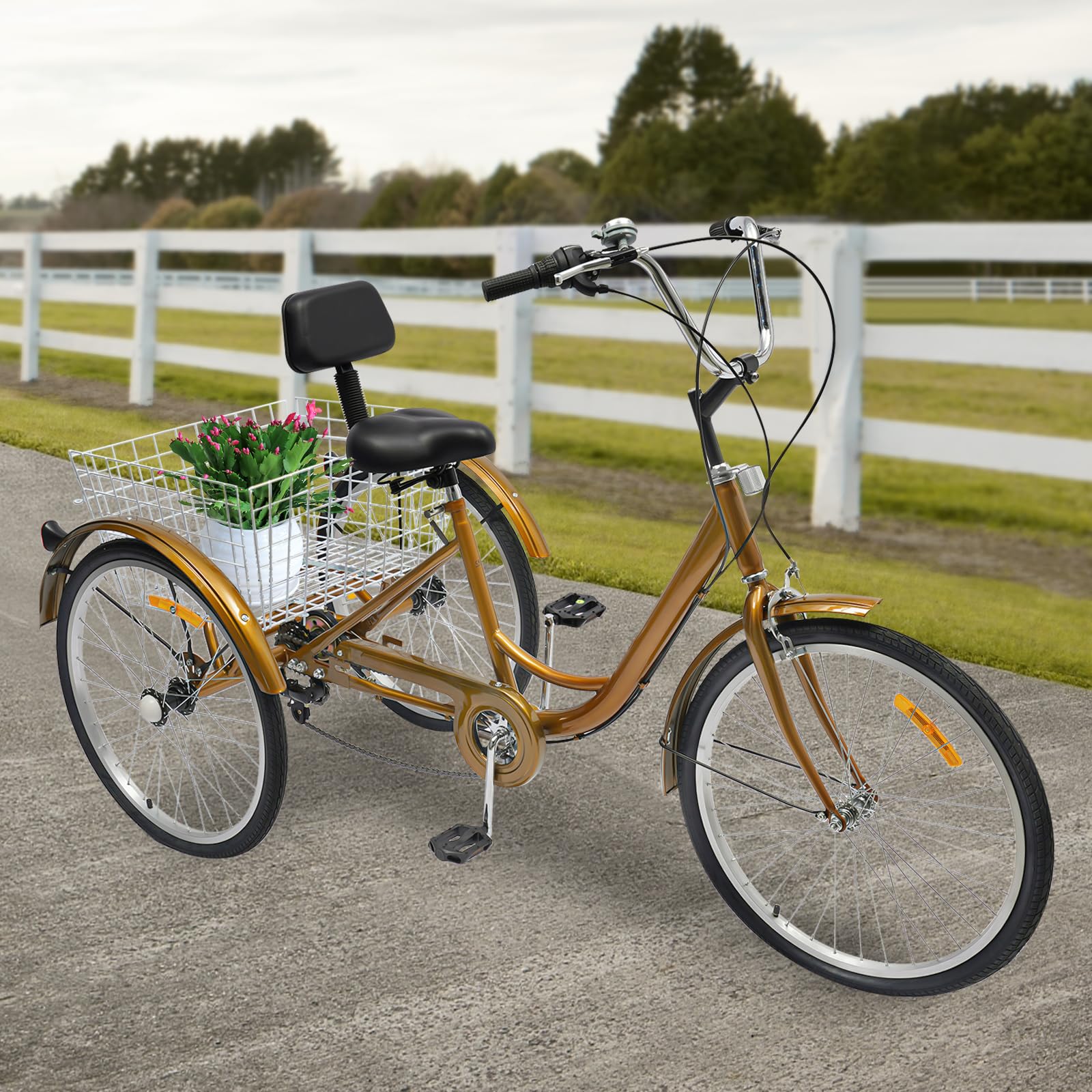 Bicicletta da carico da 24 pollici, 6 marce, triciclo con cestino per la spesa, triciclo per adulti, bici con luce a LED, porta bicchiere