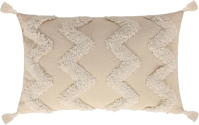 Grevosea Boho Cushion Covers with Tassels, Tufted Throw Pillow Covers Beige Woven Square Pillow Cases with Invisible Zipper for Sofa Bed Farmhouse Living Room Decorations 30 x 50 cm/12 x 20 Inch