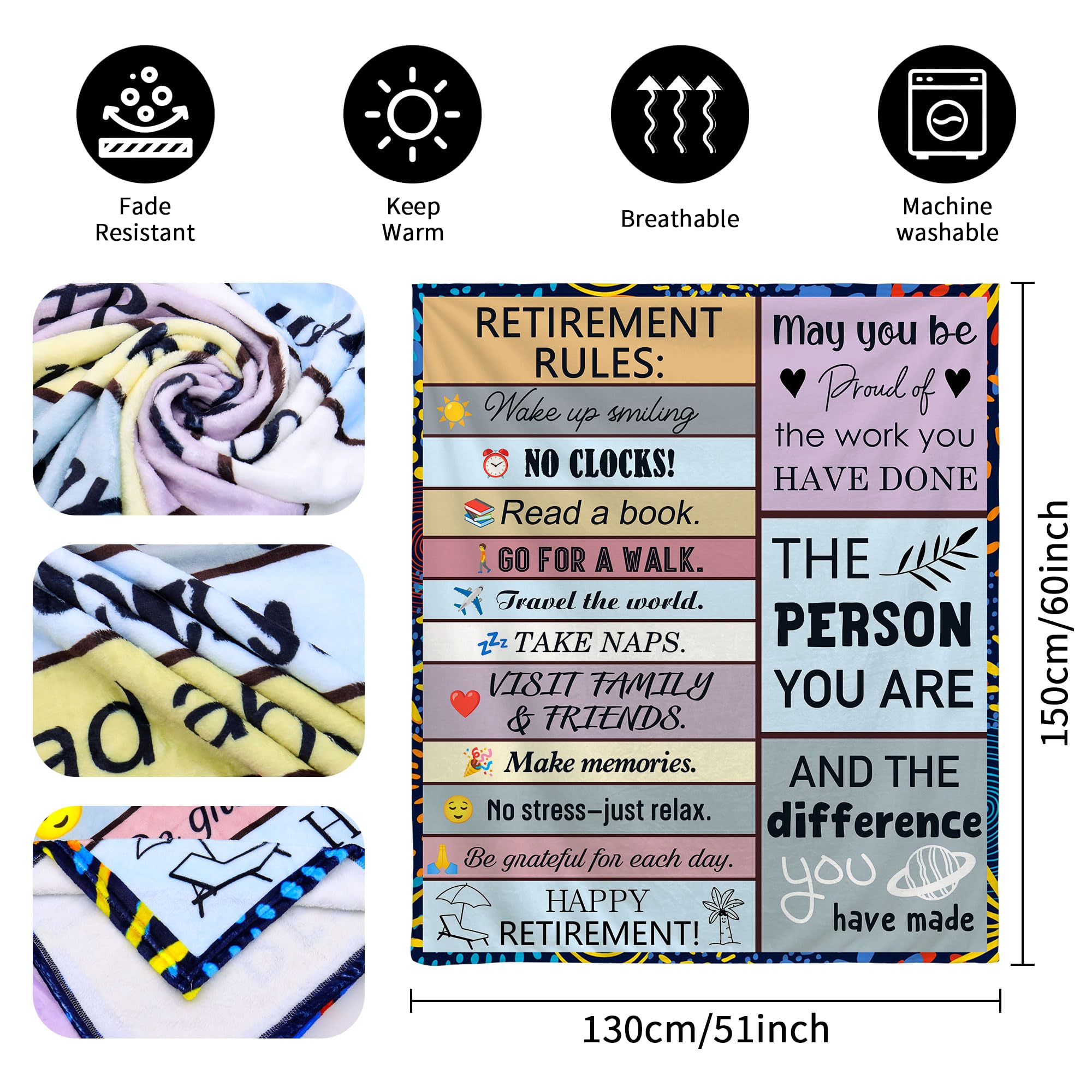 ACAROMAY Retirement Gift for Women Men Funny Retirement Rules Throw Blanket Farewell Gift for Boss Lady Teacher Coworker Retired Presents Ideas Retirement Party Decor 150 x 130 cm (Retirement rules) - Image 3