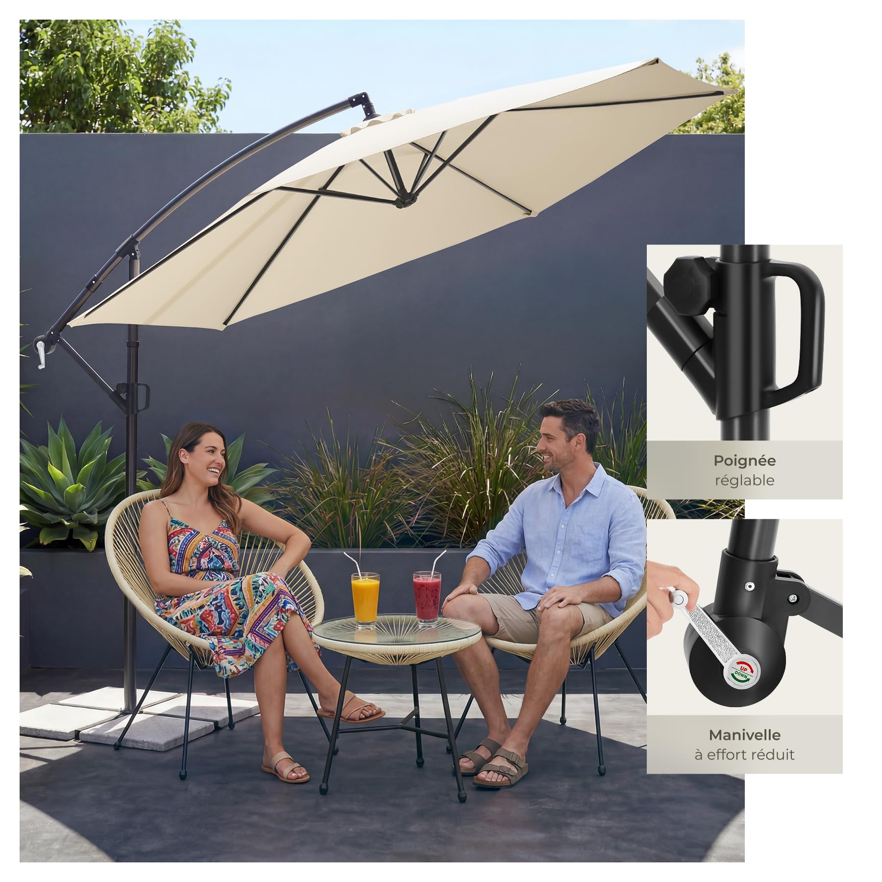 Tectake Parasol déporté 3x3 m Pivotant 360° Inclinable 90°-135° Protection UV 50+ Double-toit Jardin Terrasse