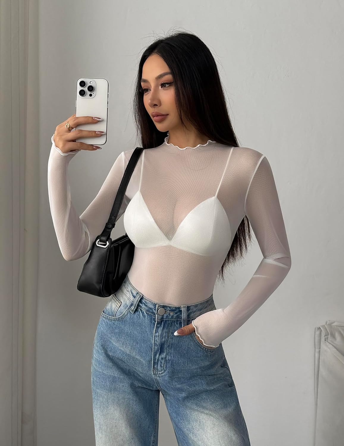 Zeagoo Womens Mesh Long Sleeve Tops Mock Neck Going Out See Through Shirts Sexy Sheer Blouses Clubwear S-XXL - Image 2