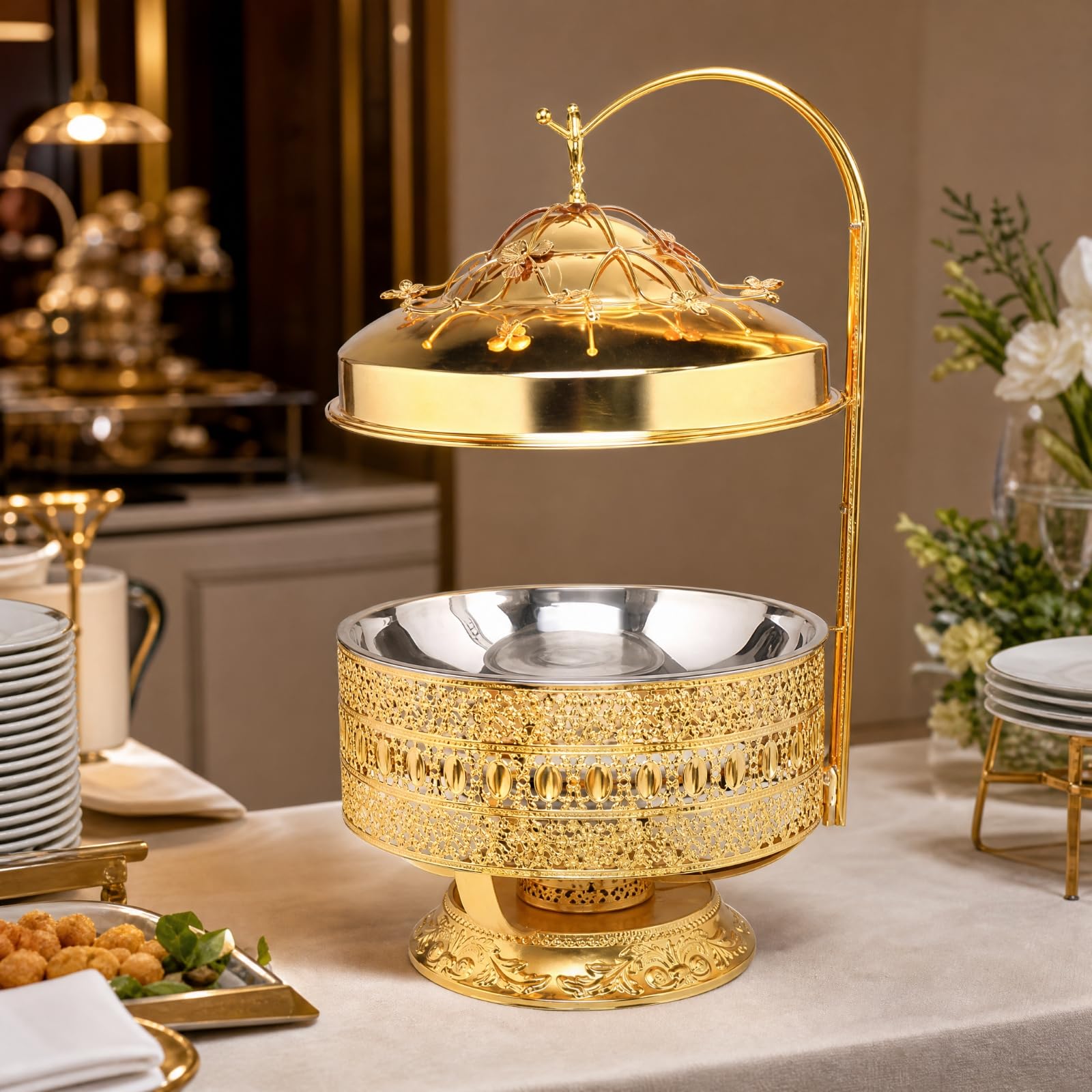 Calentador Buffet con Cuenco Redondo y Soporte Arqueado Decorativo para Catering, Bodas, Reuniones Familiares, Estilo B