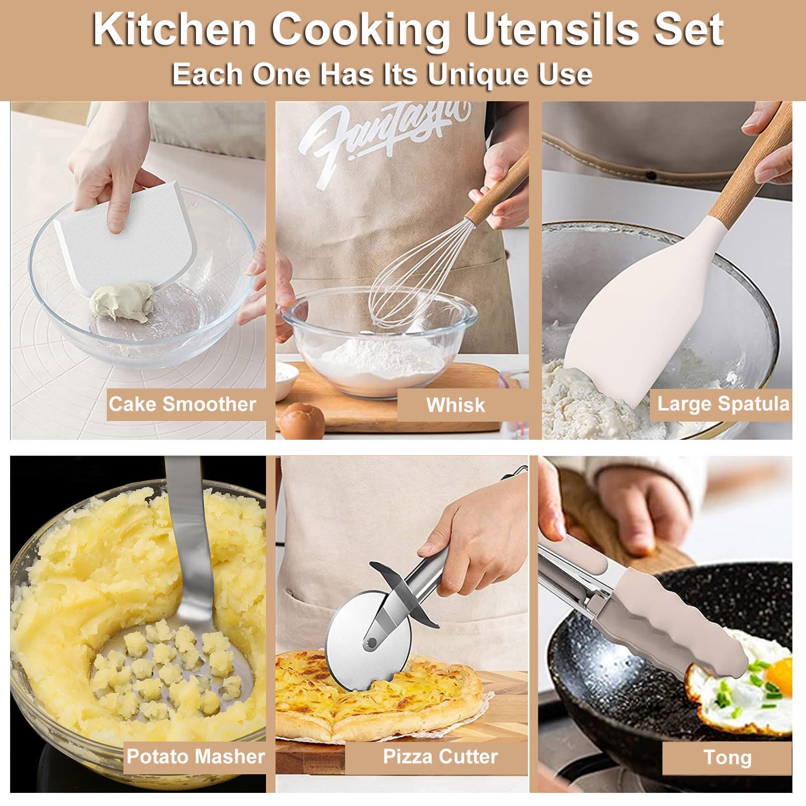 Ensemble d'ustensiles de Cuisine en Silicone, Ensemble d'ustensiles de Cuisine en Silicone 48pcs, Ensemble de spatules en Silicone pour la Cuisson de Gadgets de Cuisine antiadhésifs,Kaki