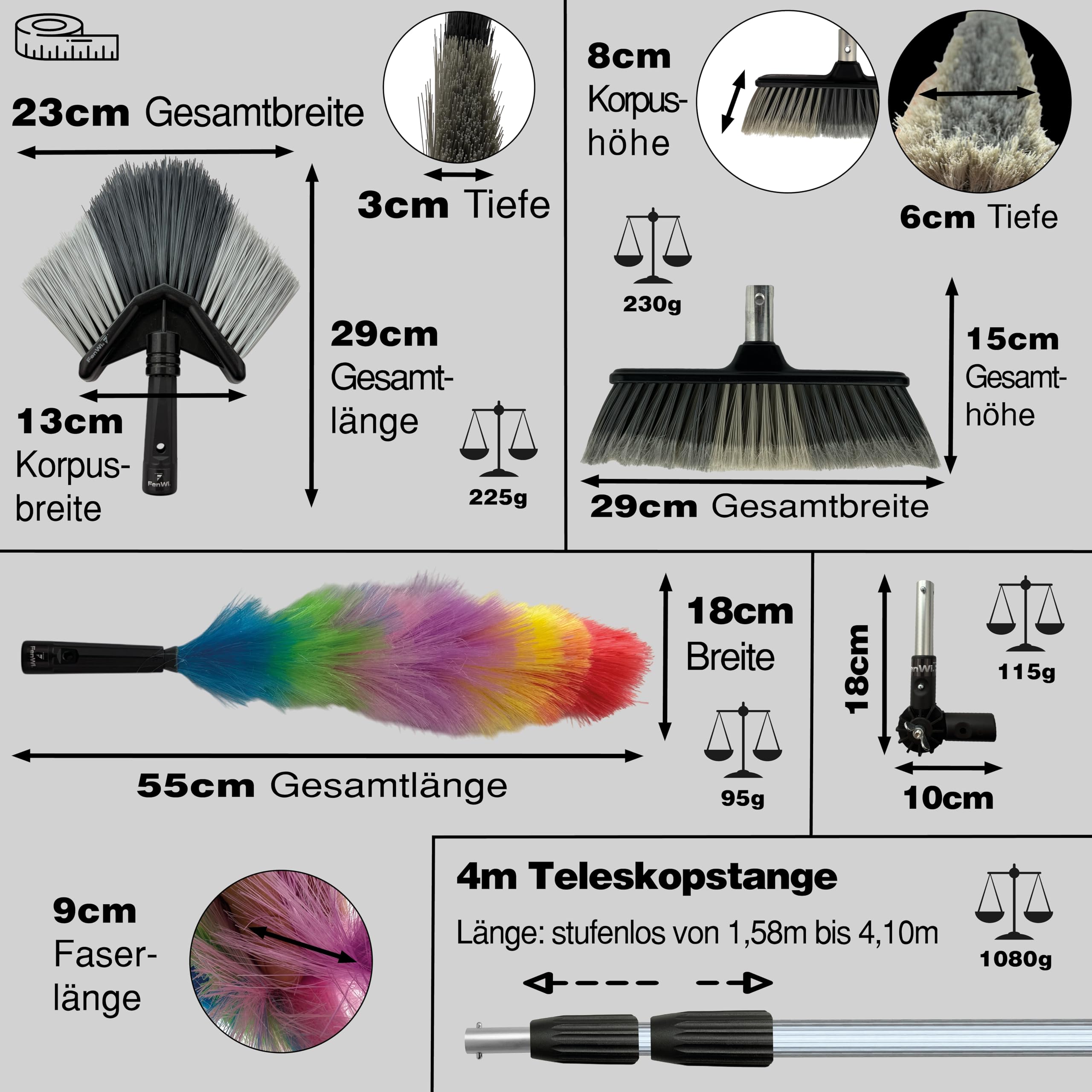 FenWi 4m Teleskopbesen Komplett Set mit 4 Meter Aluminium Teleskopstange Eckbesen Staubwedel Flächenbürste und Gelenk für vielseitige Anwendungen sowie zur Immobilienpflege und Gebäudereinigung