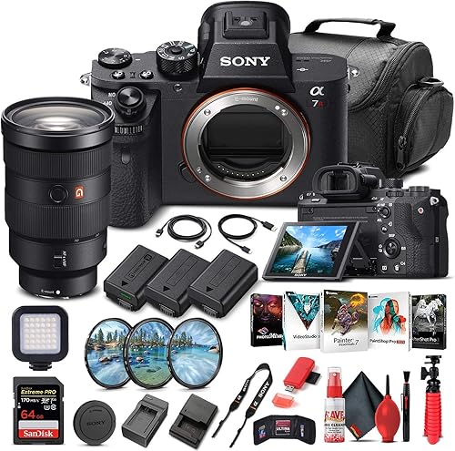 Sony Cámara digital sin espejo Alpha a7R II (solo cuerpo) (ILCE7RM2/B) + lente Sony FE de 0.945-2.756 in + tarjeta de memoria de 64 GB + software de