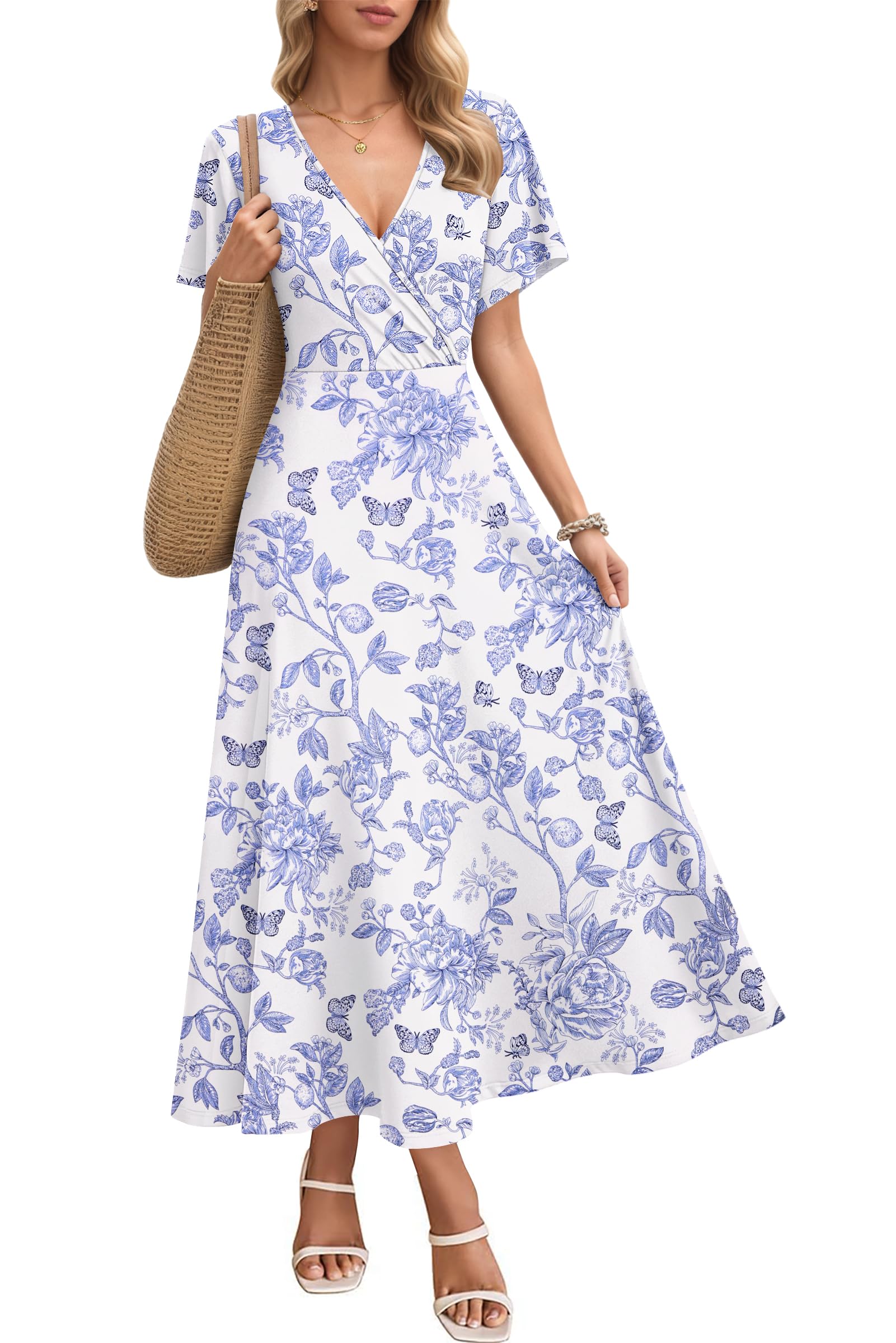 AUSELILY Maxikleider Damen Sommer Kleid Lässig Hohe Taille Lockere Passform Mit Taschen