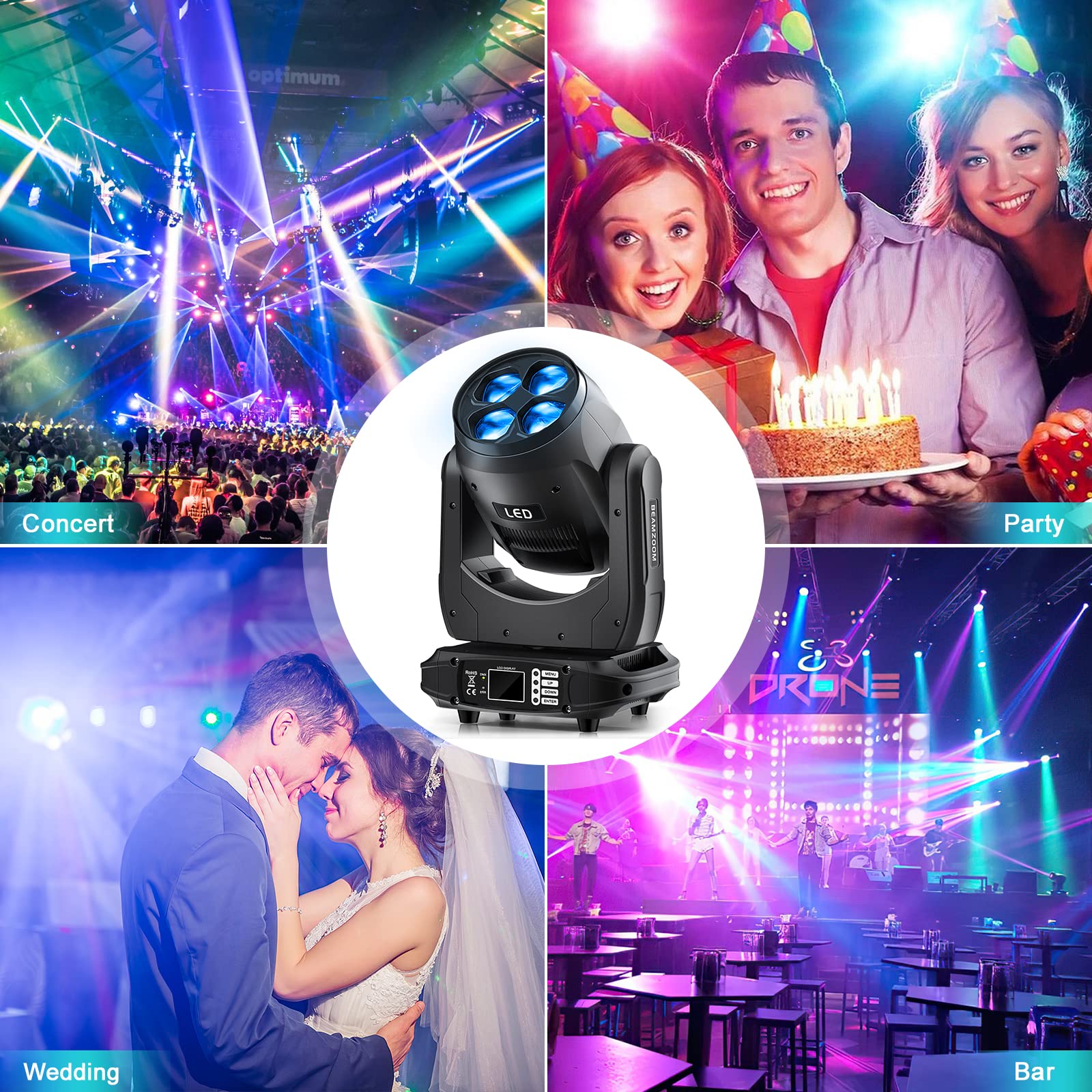 Bee Eyes LED Beam Moving Head Licht 4-in-1 Zoom-Effekt Bühnenlicht RGBW Licht für Event Show DJ Bar Pub Club Hochzeit Disco Party Licht