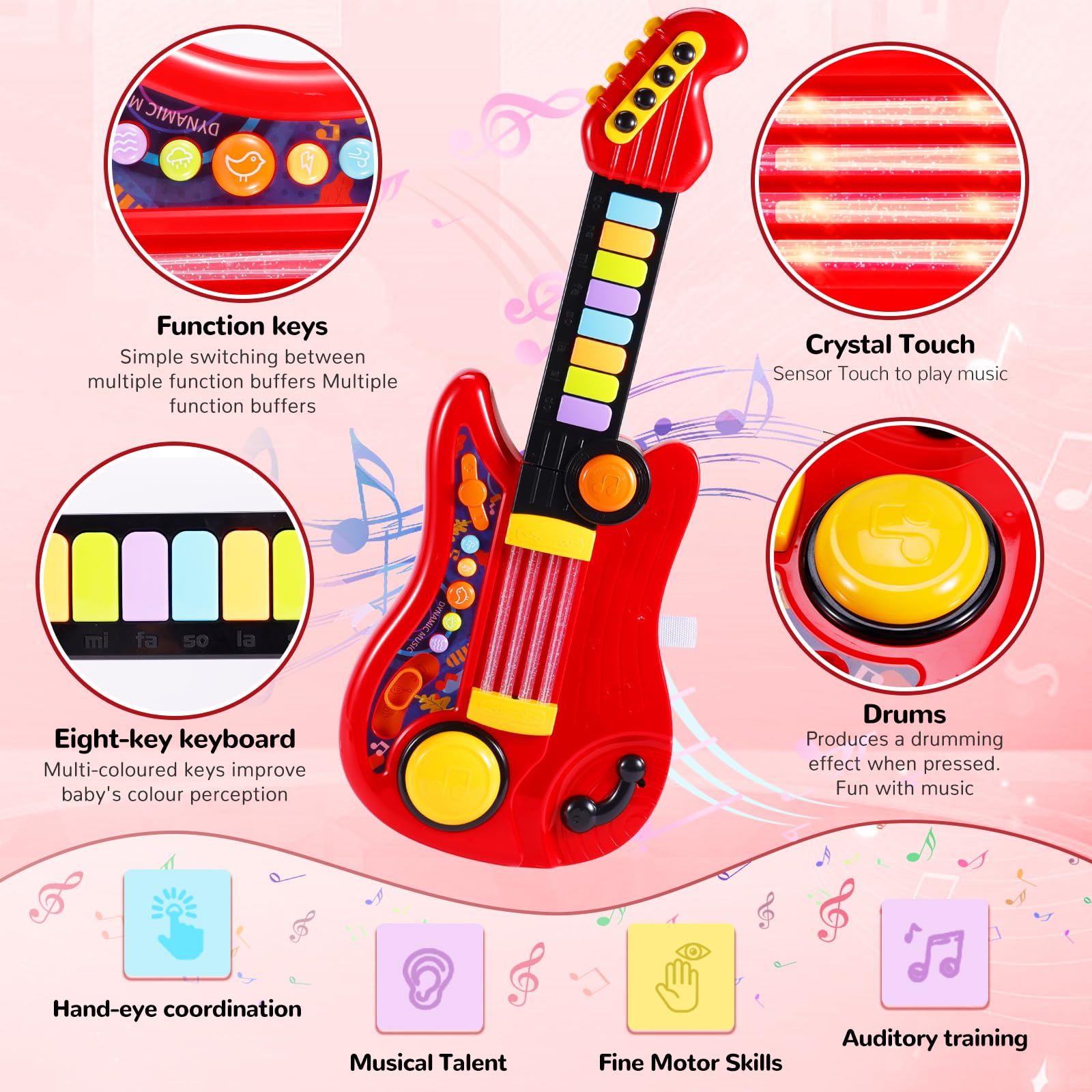 JONRRYIN Gitarre Kinder Spielzeug, 2 IN 1 Kinder Gitarrenspielzeug & Klavier Spielzeug, Kindergitarre Musikalisches, 4 Spielmodi multifunktionales Instrumentenspielzeug, Lernspielzeug Lerngeschenk