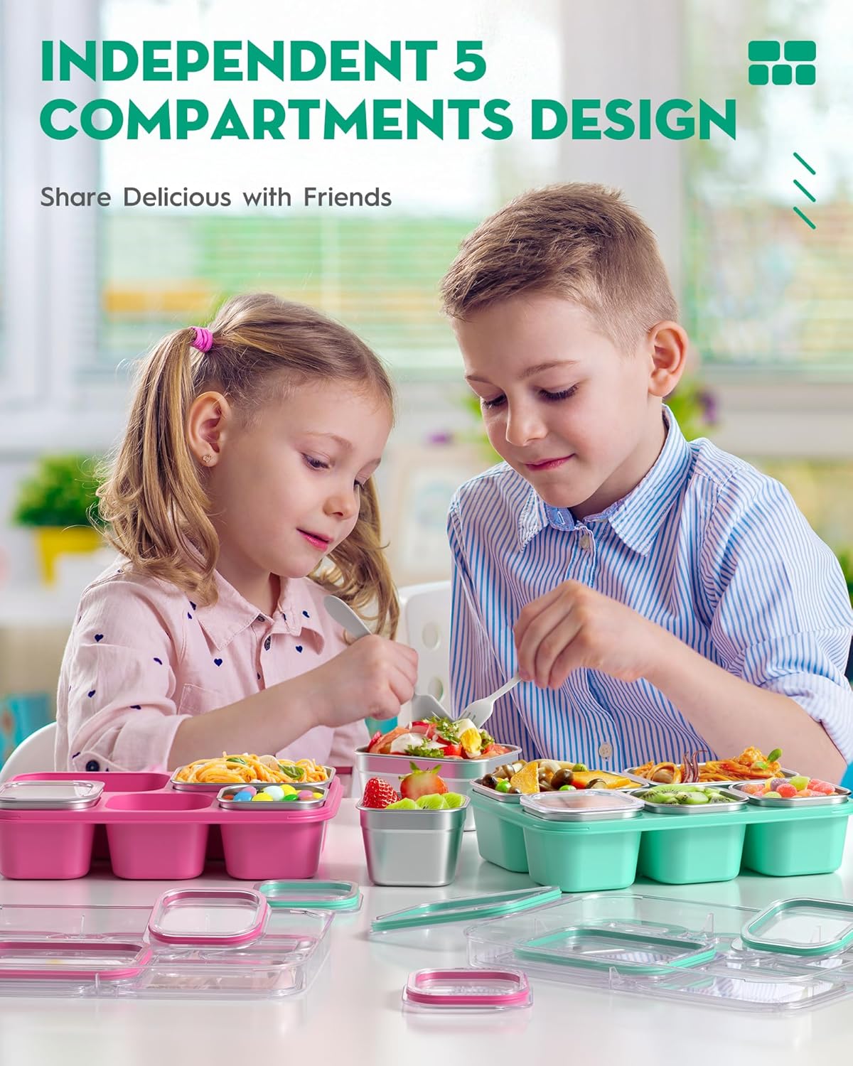 BiuLeon Snackle Box Containers, Stainless Steel 5 Compartments Divided Serving Tray with Lid, Removable LeakProof Portable Bento Box for Fruit Candy Nuts Food - School, Picnic and Travel（Green）